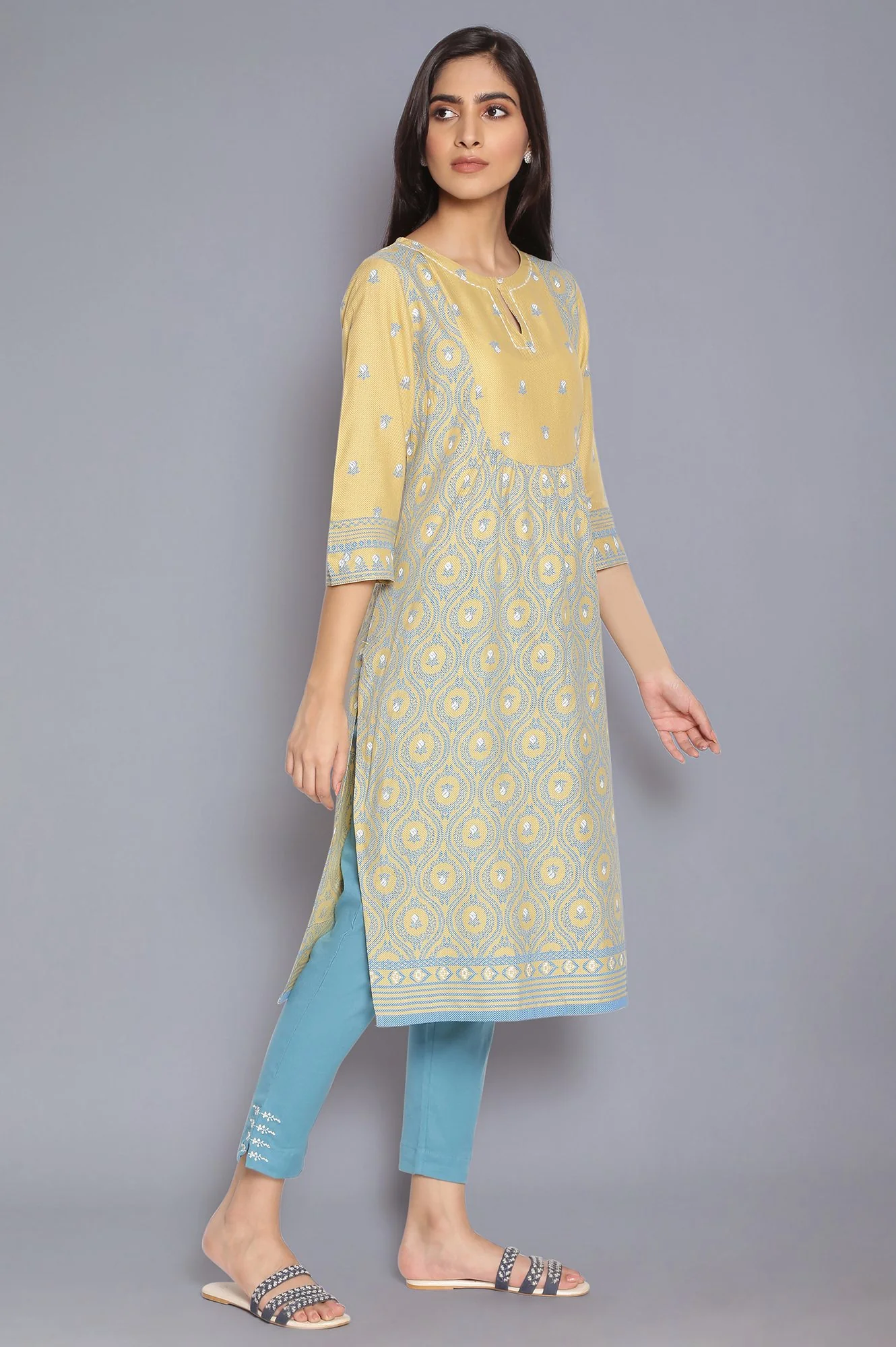 Pale Yellow and Stone Blue kurta - Image 4