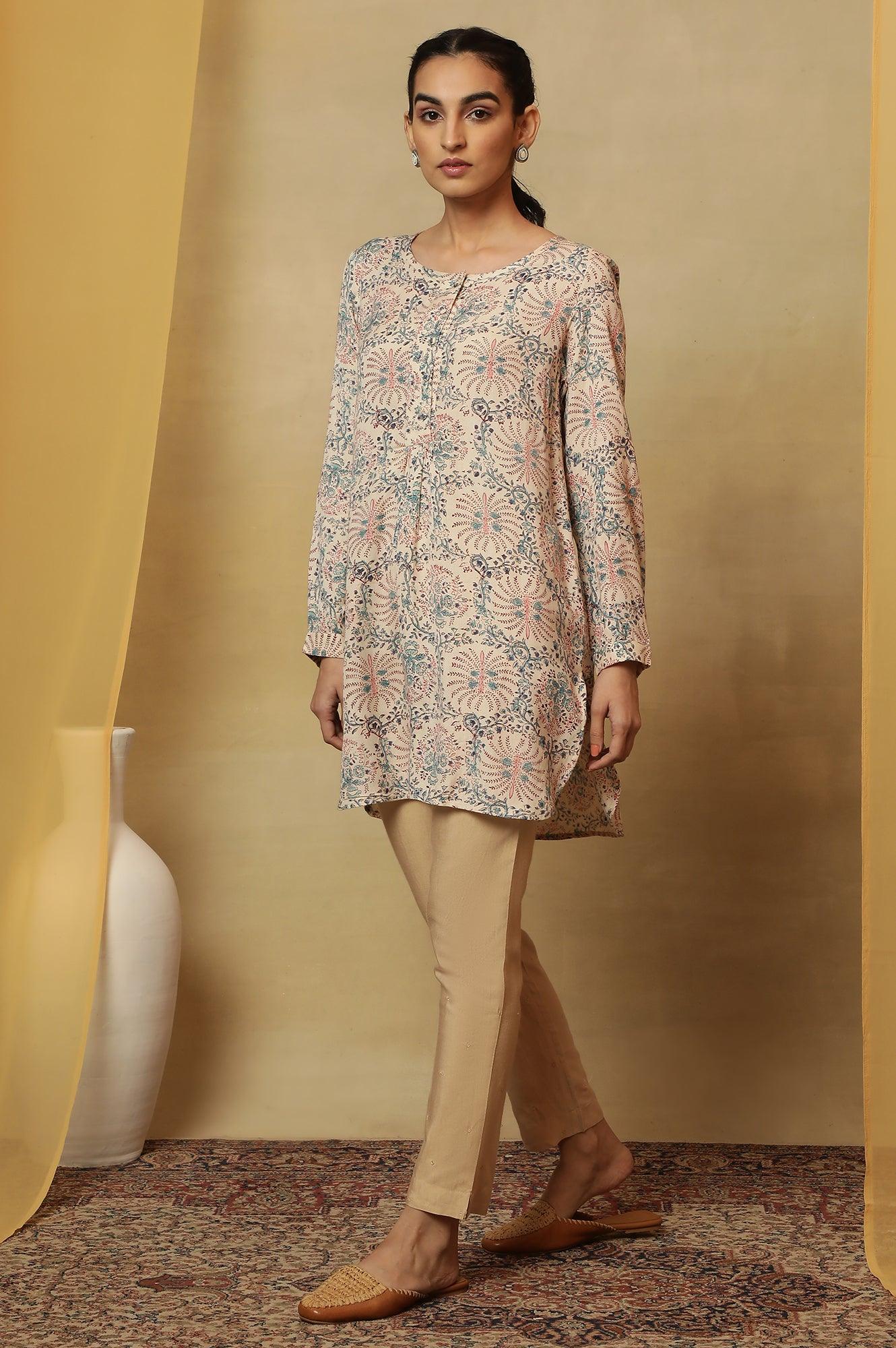 Pale Yellow Block Print Round Neck Top - Image 3