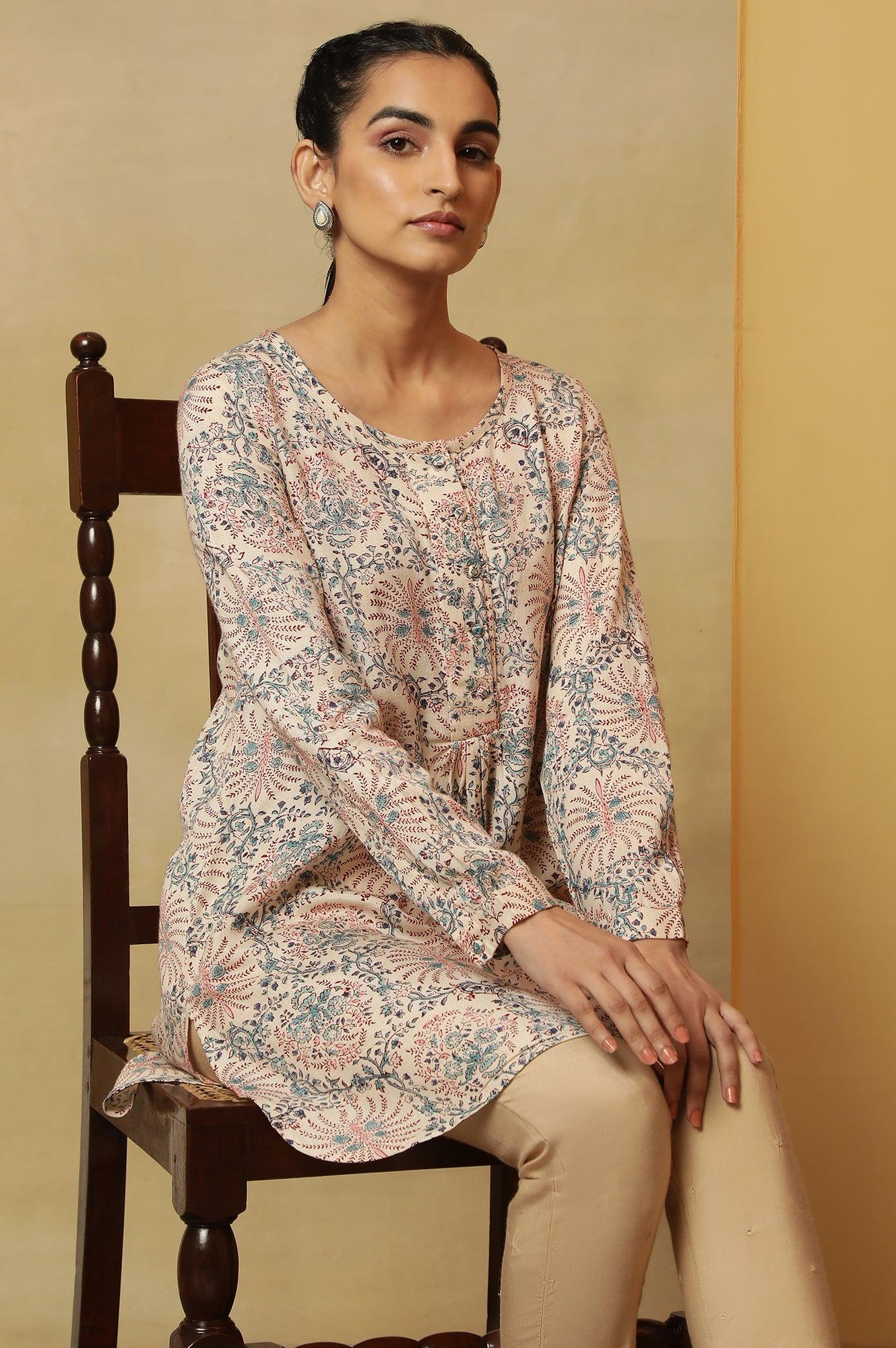 Pale Yellow Block Print Round Neck Top - Image 6