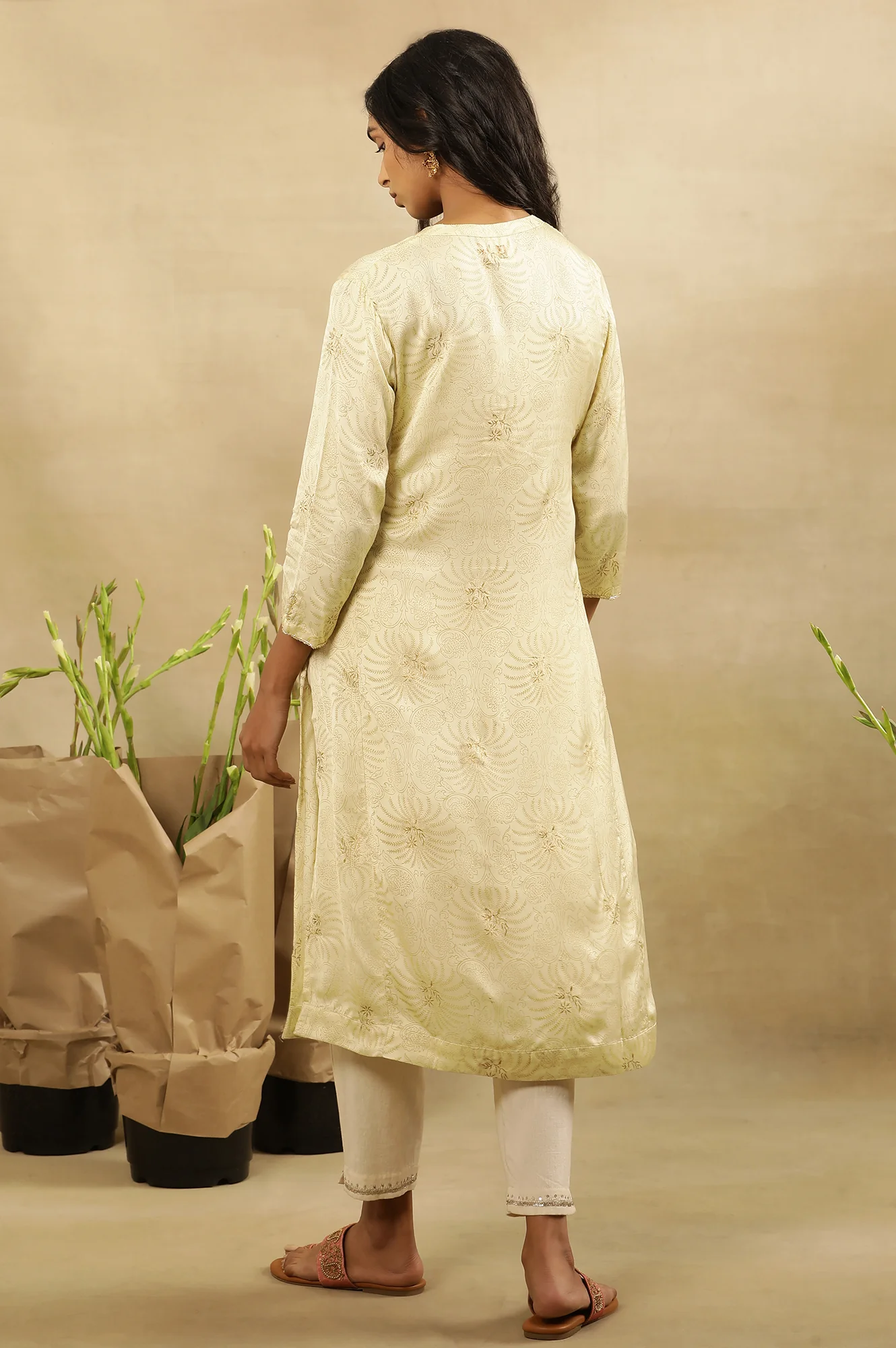 Pale Yellow Rogan Kurta In Lustrous Satin - Image 5