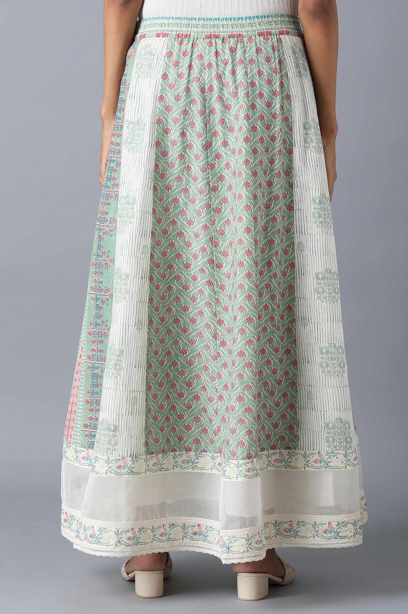 Pastel Green Print Mix Panelled Skirt - Image 2