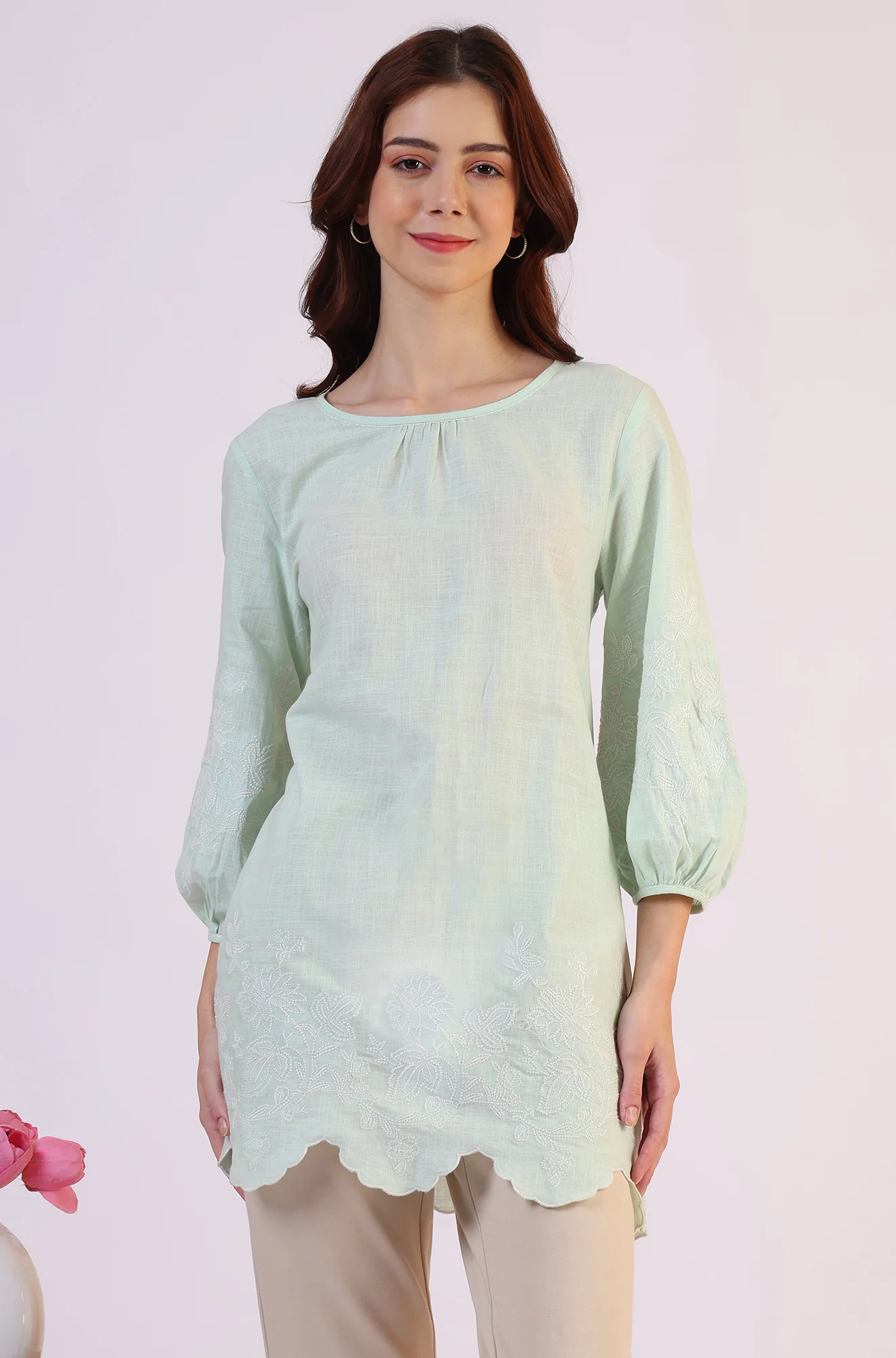 Pastel Green Slub top with Hem And Sleeve Embroidered Scalloped Detail - Image 2
