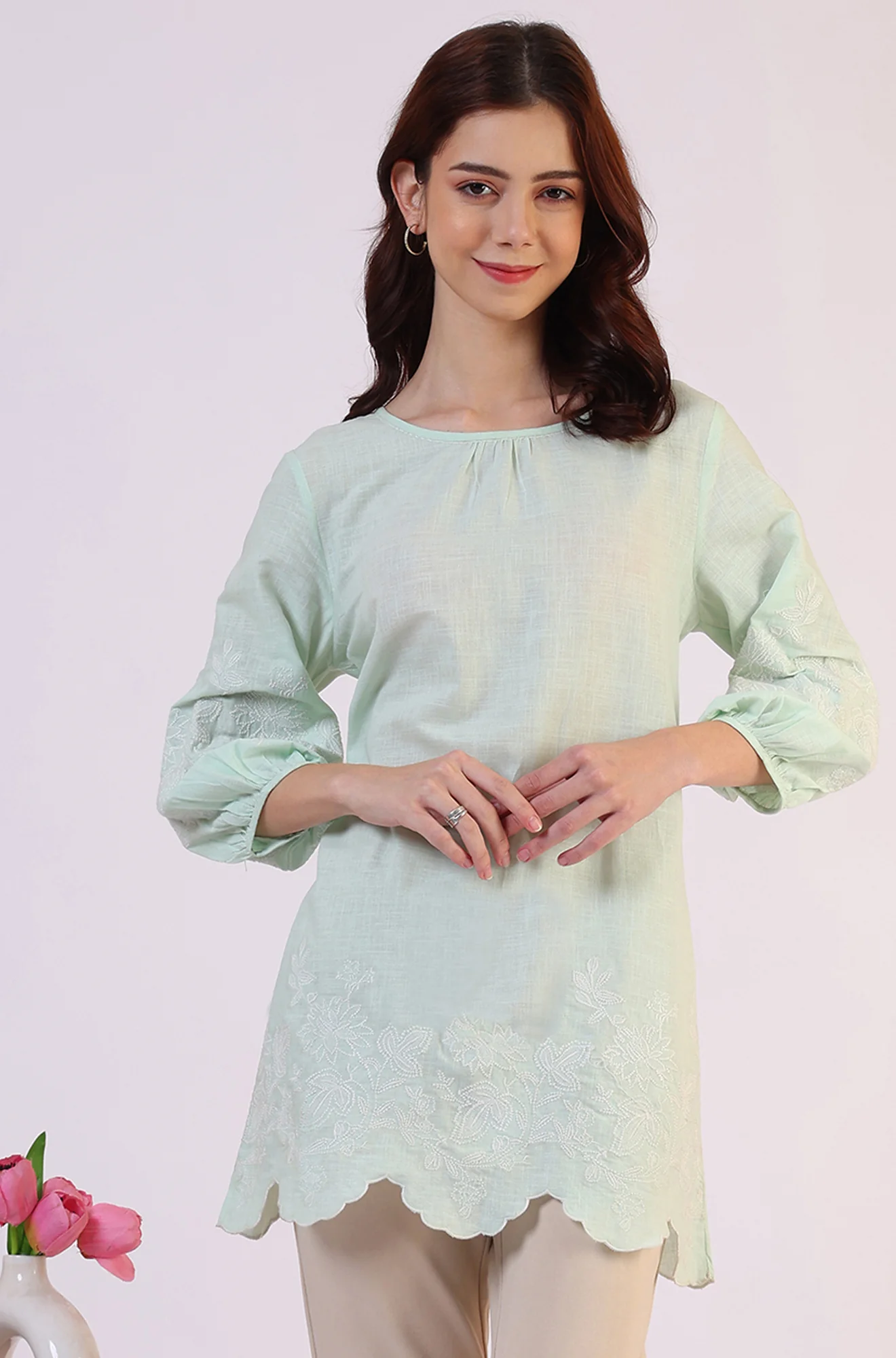 Pastel Green Slub top with Hem And Sleeve Embroidered Scalloped Detail - Image 3