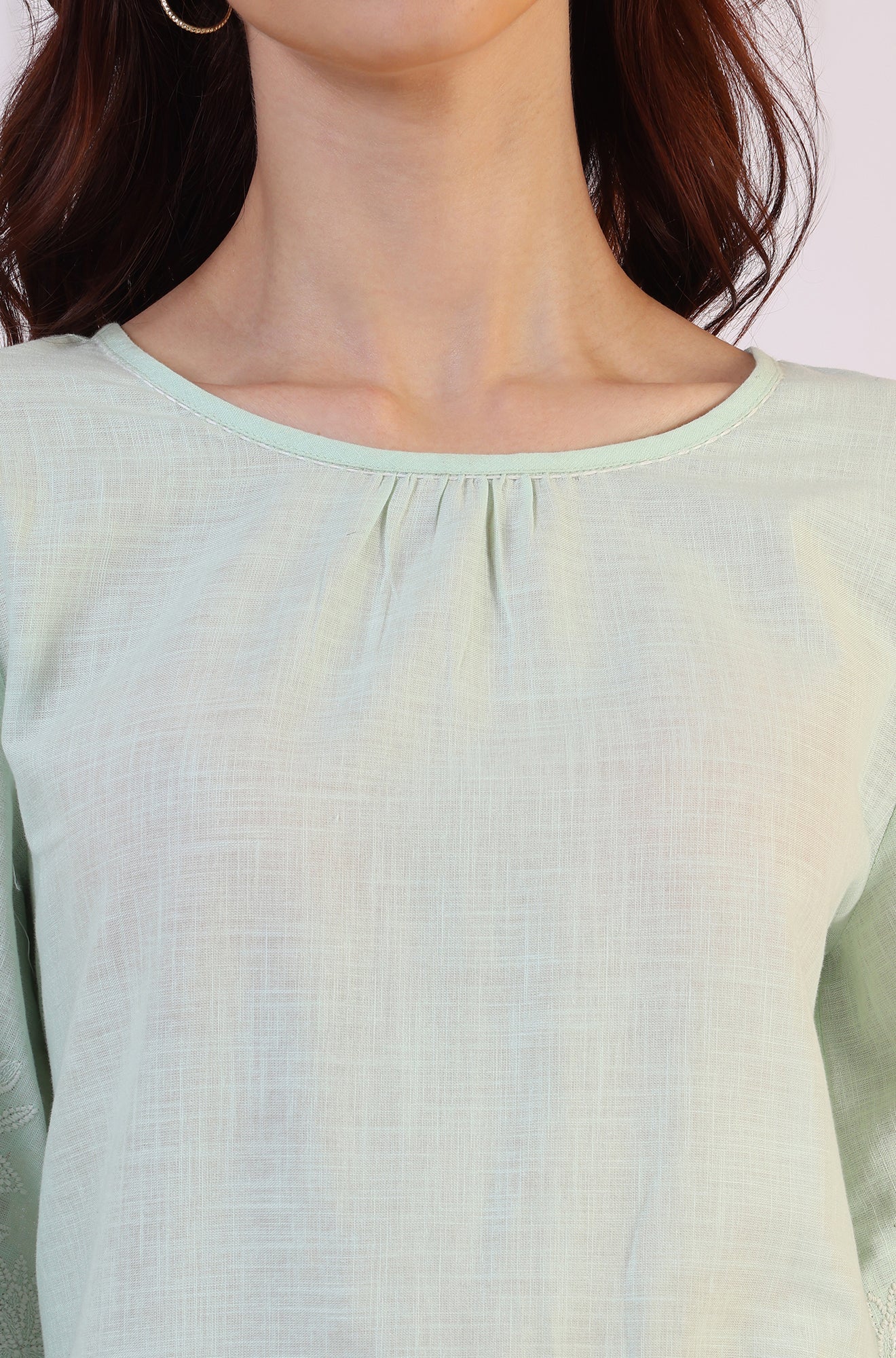 Pastel Green Slub top with Hem And Sleeve Embroidered Scalloped Detail - Image 4