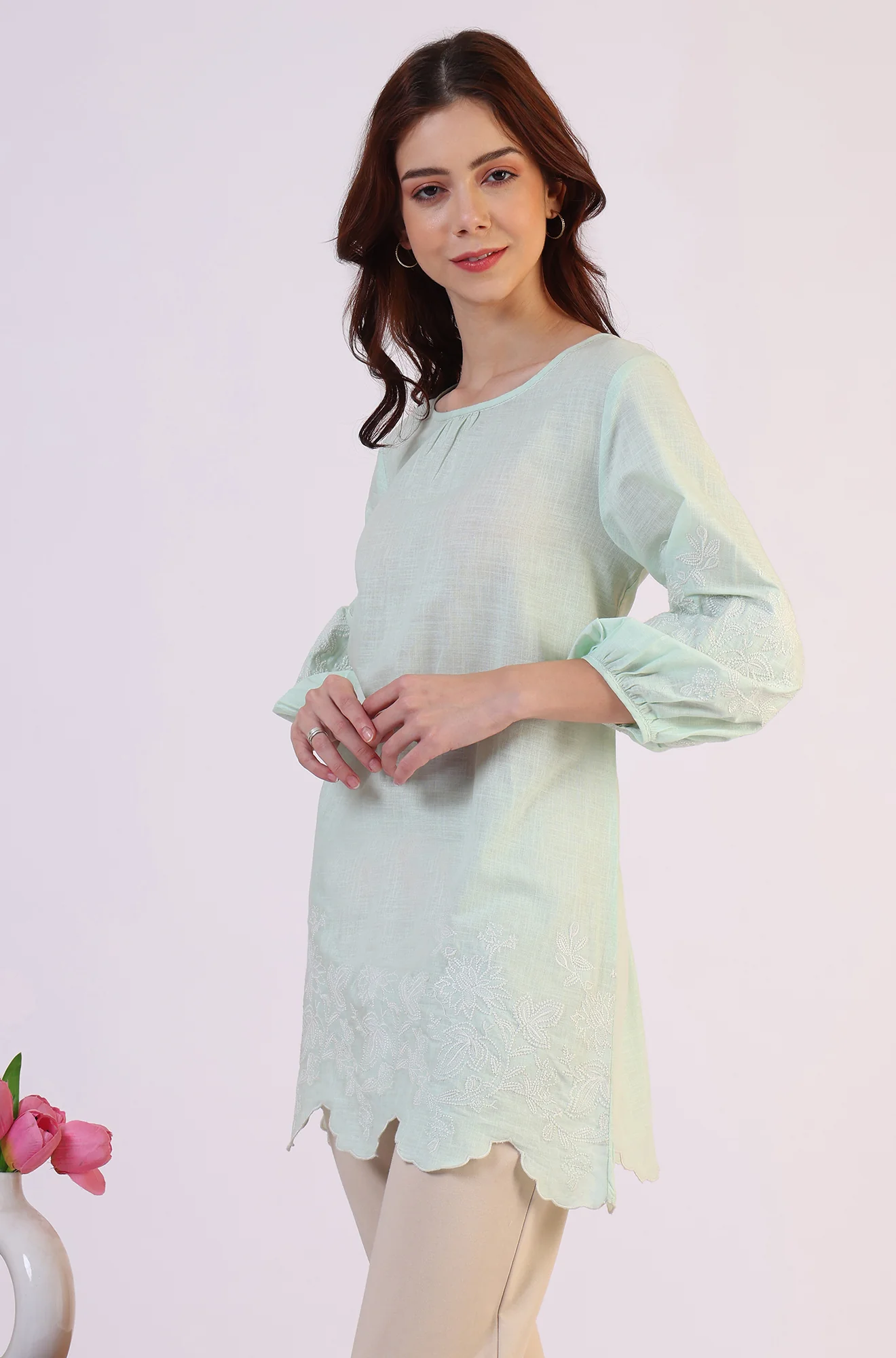 Pastel Green Slub top with Hem And Sleeve Embroidered Scalloped Detail - Image 5