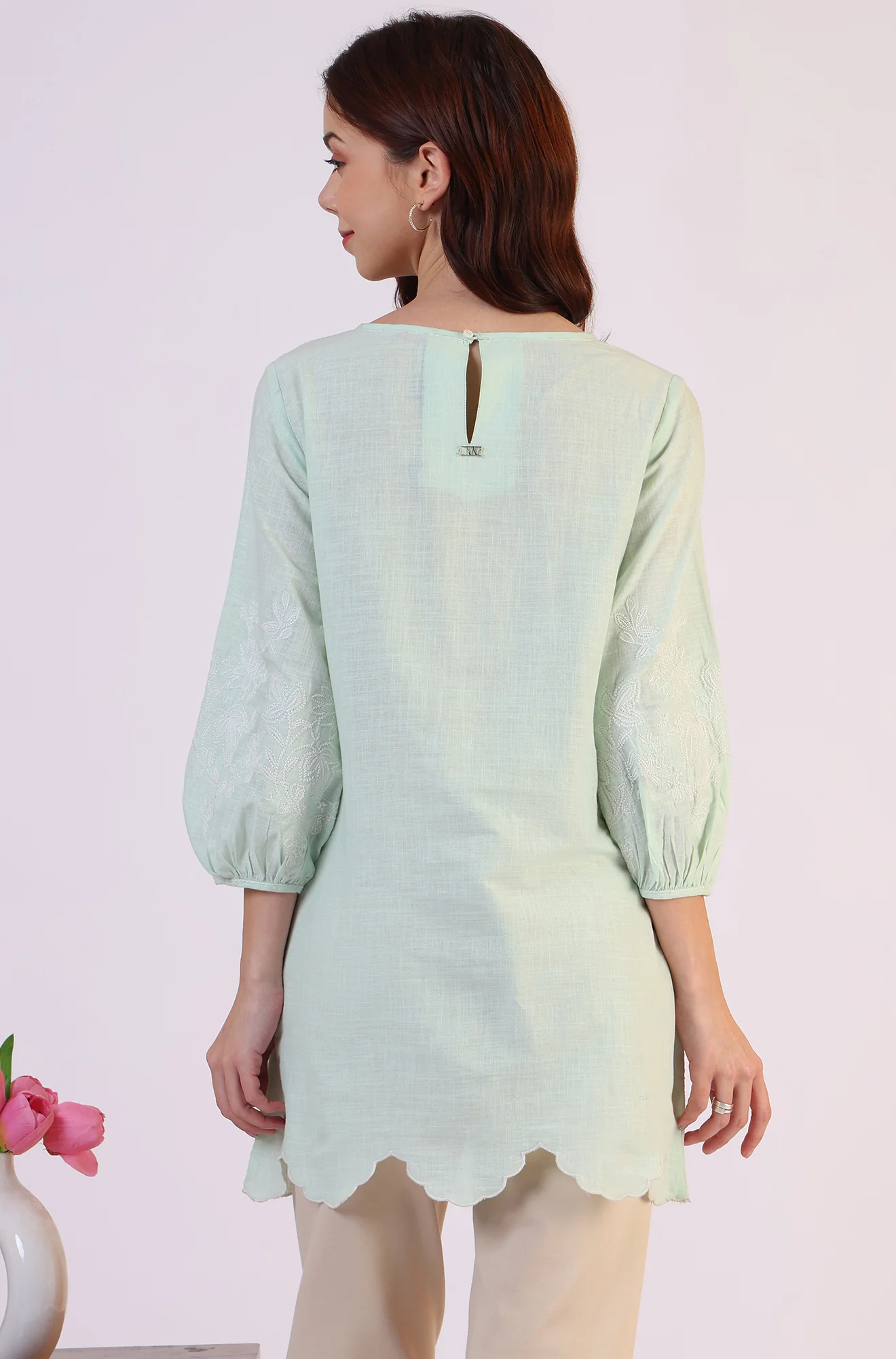 Pastel Green Slub top with Hem And Sleeve Embroidered Scalloped Detail - Image 6