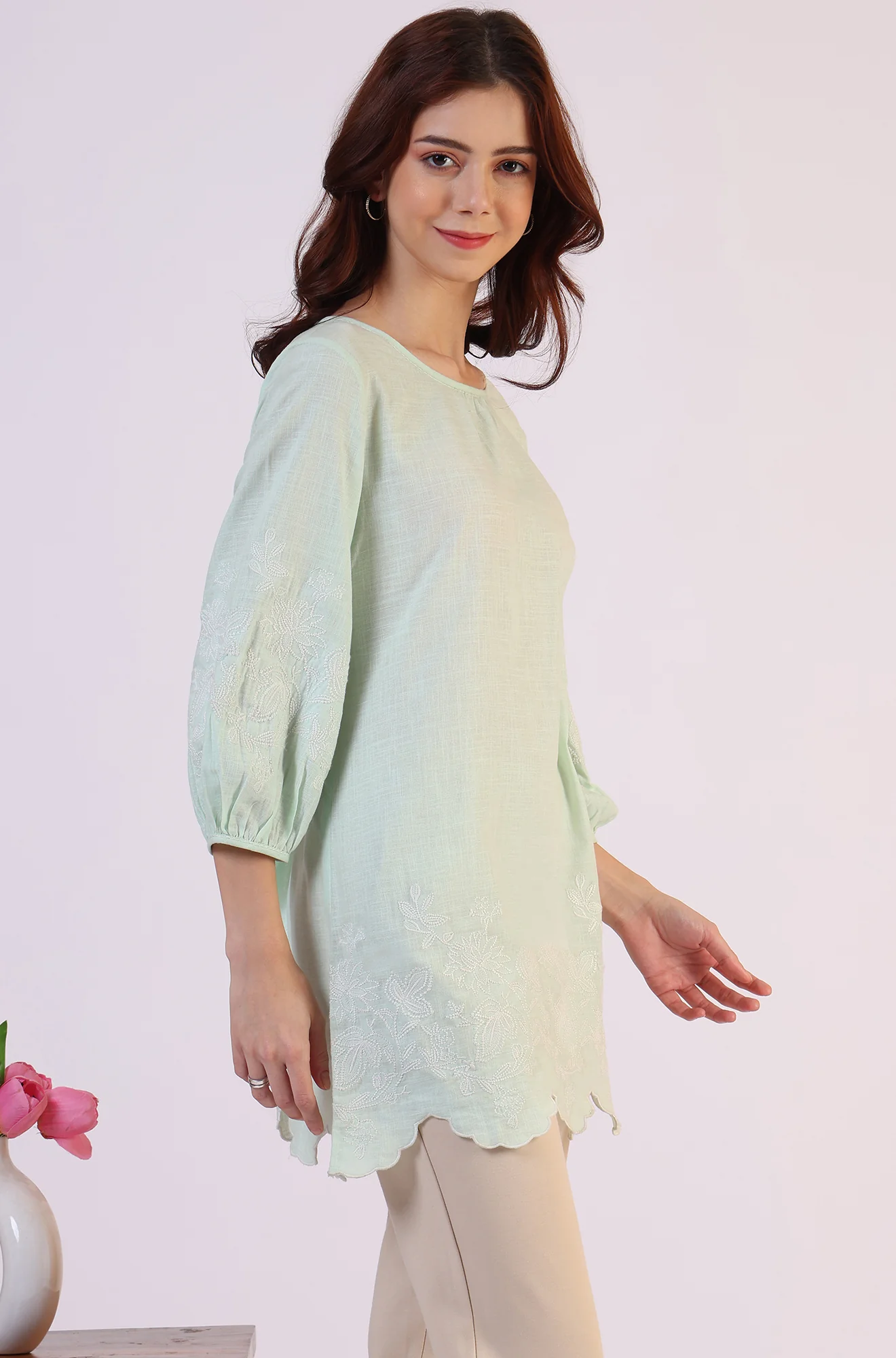 Pastel Green Slub top with Hem And Sleeve Embroidered Scalloped Detail - Image 7