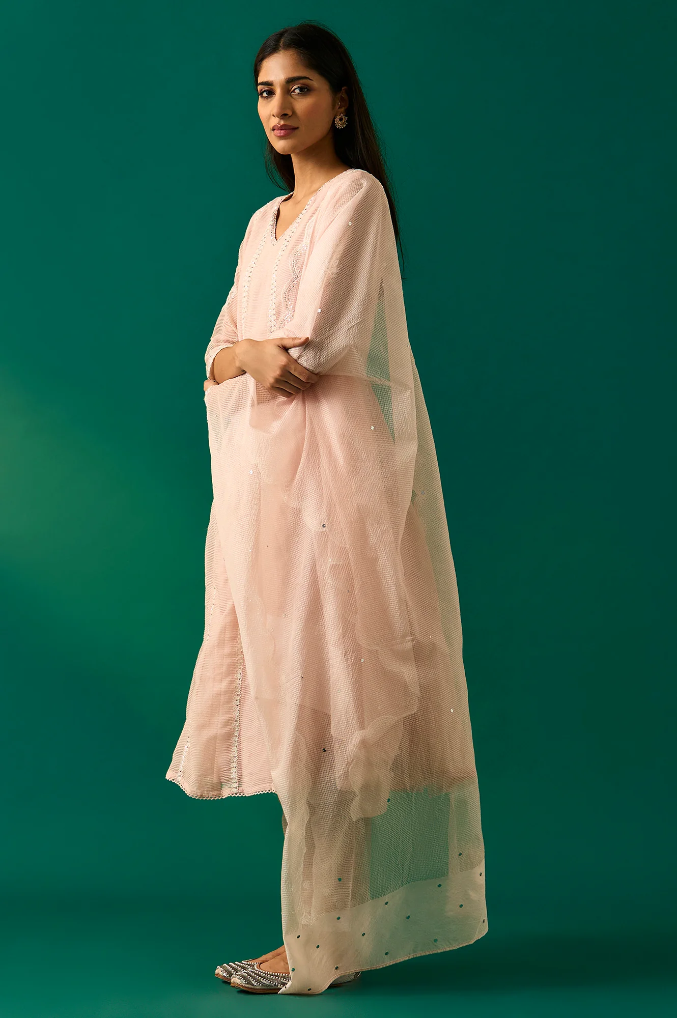 Pastel Pink Embroidered Festive Anarkali Kurta, Pants and Dupatta Set - Image 4