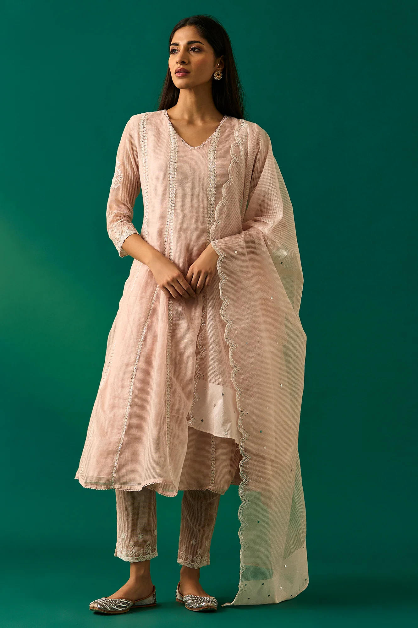 Pastel Pink Embroidered Festive Anarkali Kurta, Pants and Dupatta Set - Image 6