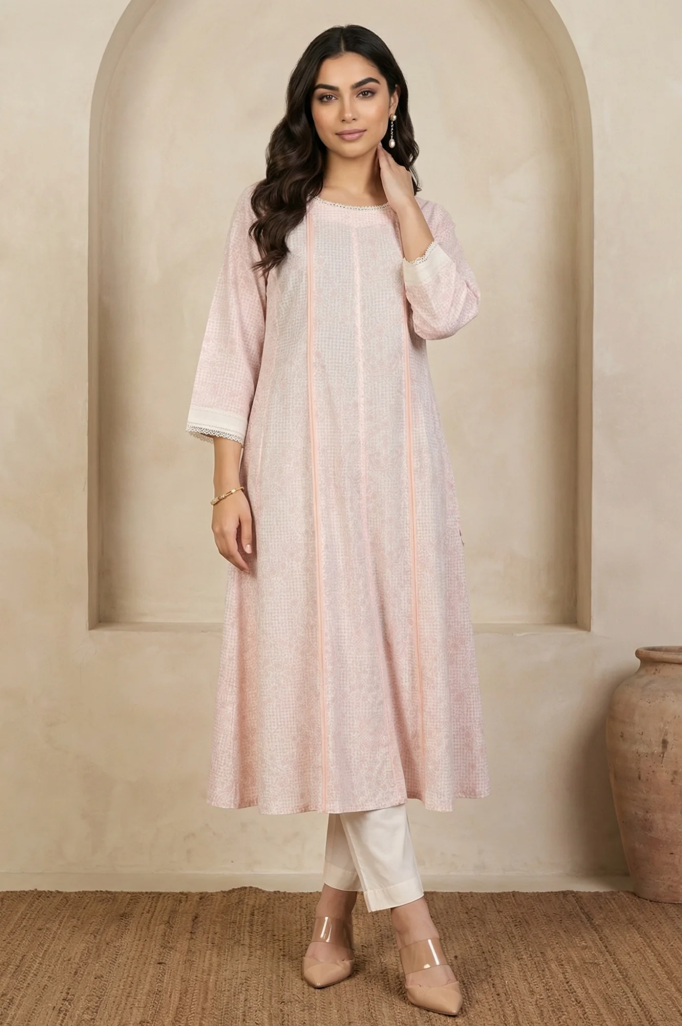 Pastel Pink Floral Printed Lace Pure Cotton Anarkali Kurta