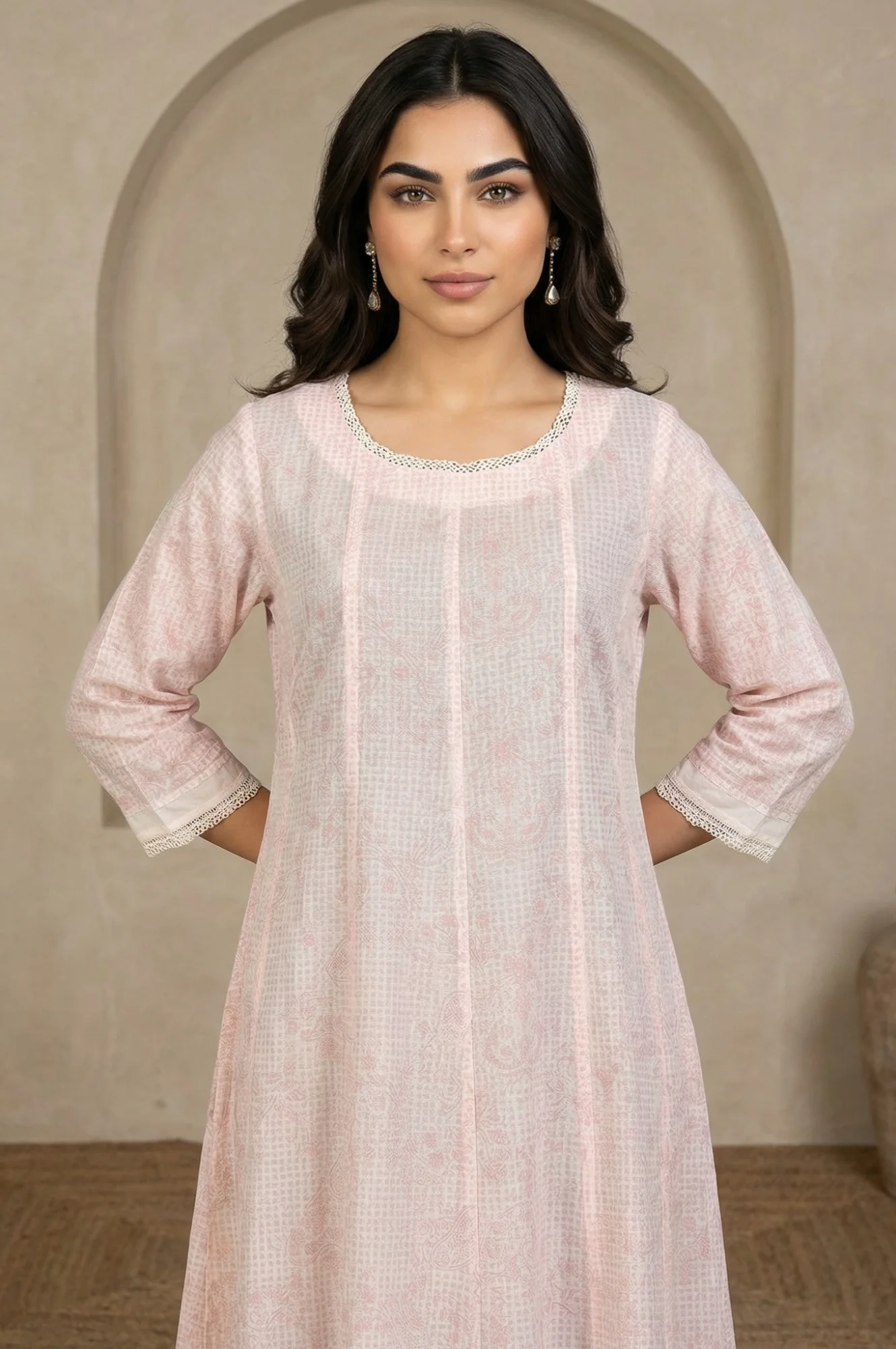Pastel Pink Floral Printed Lace Pure Cotton Anarkali Kurta - Image 3
