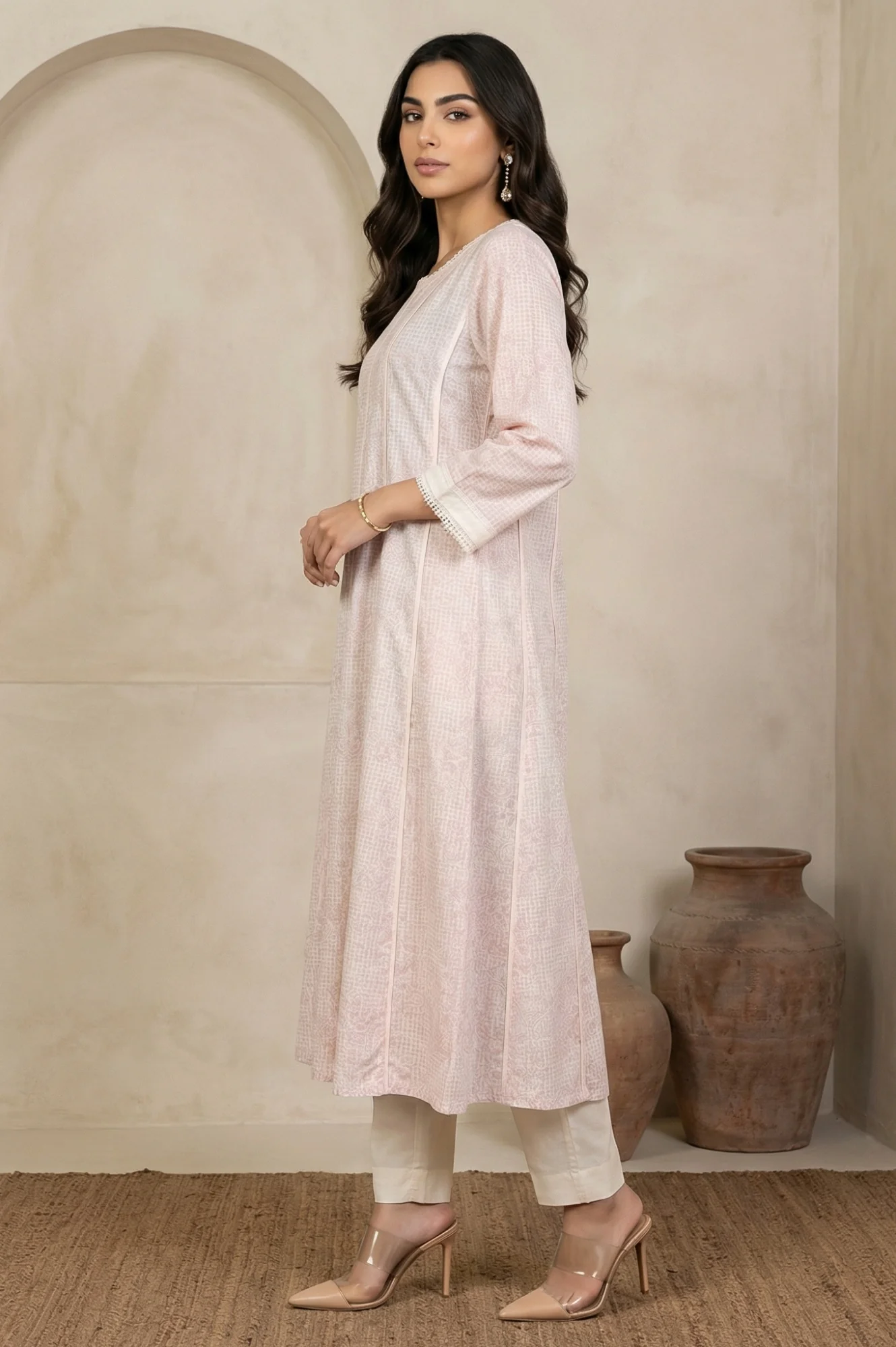 Pastel Pink Floral Printed Lace Pure Cotton Anarkali Kurta - Image 4