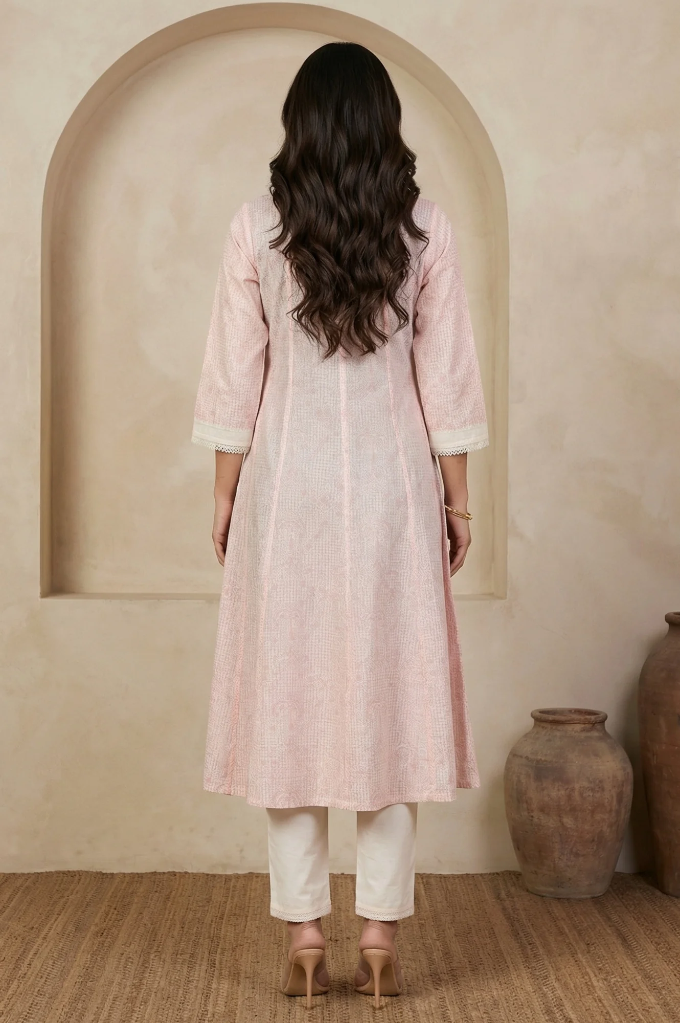 Pastel Pink Floral Printed Lace Pure Cotton Anarkali Kurta - Image 5