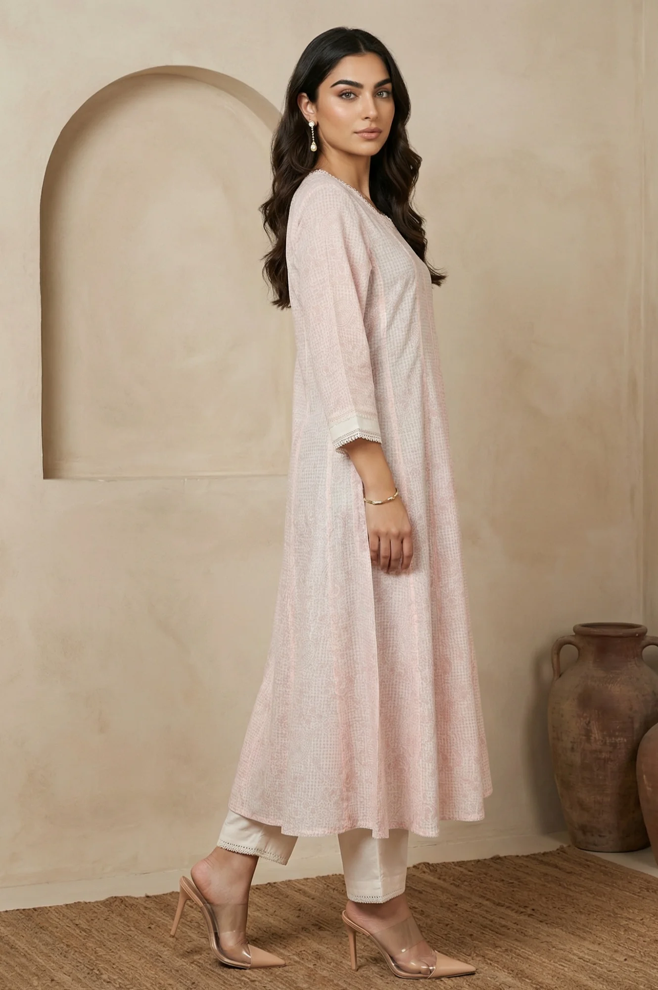 Pastel Pink Floral Printed Lace Pure Cotton Anarkali Kurta - Image 6