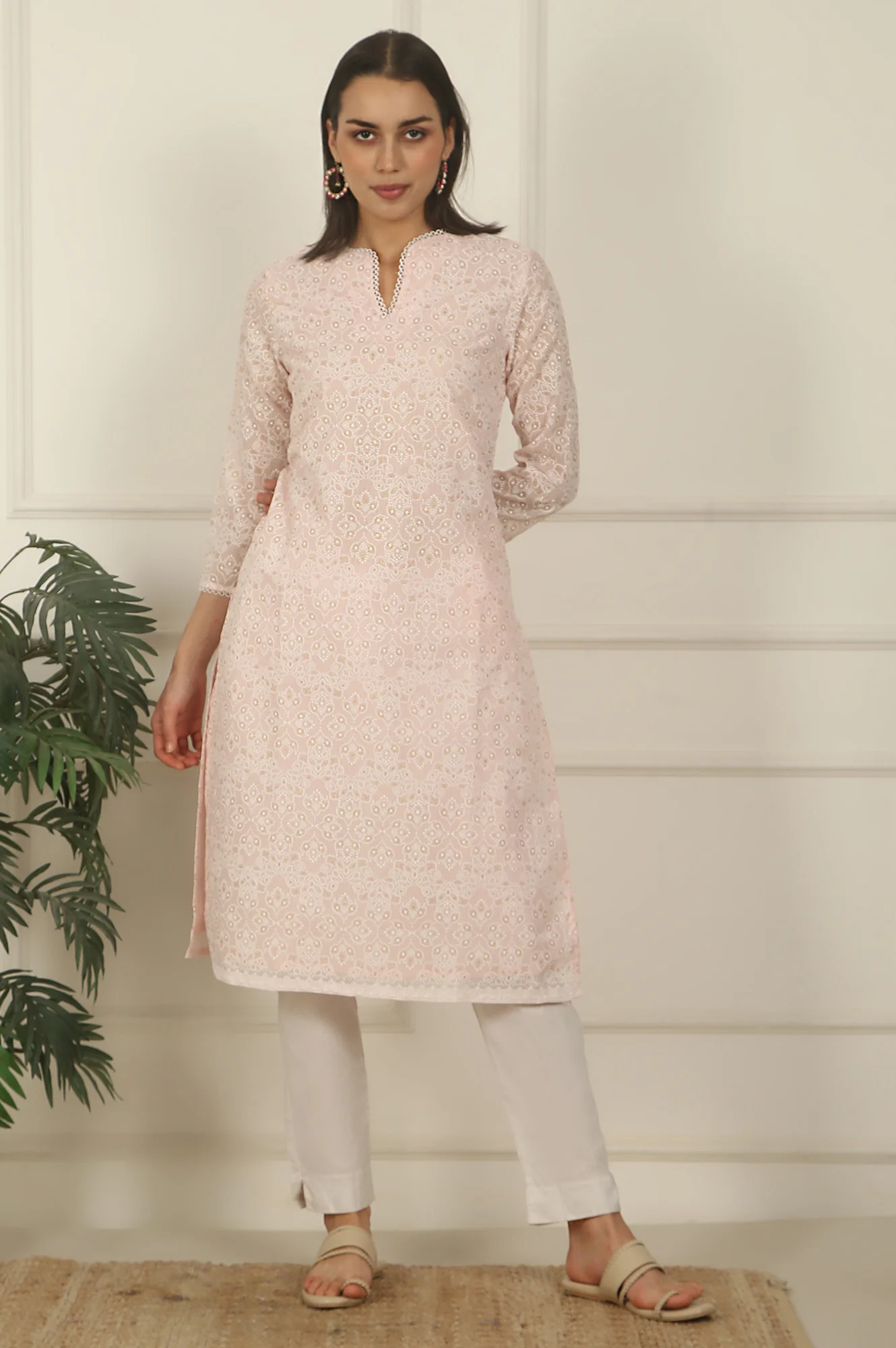 Pastel Pink Khadi Printed Kota Straight Kurta - Image 3