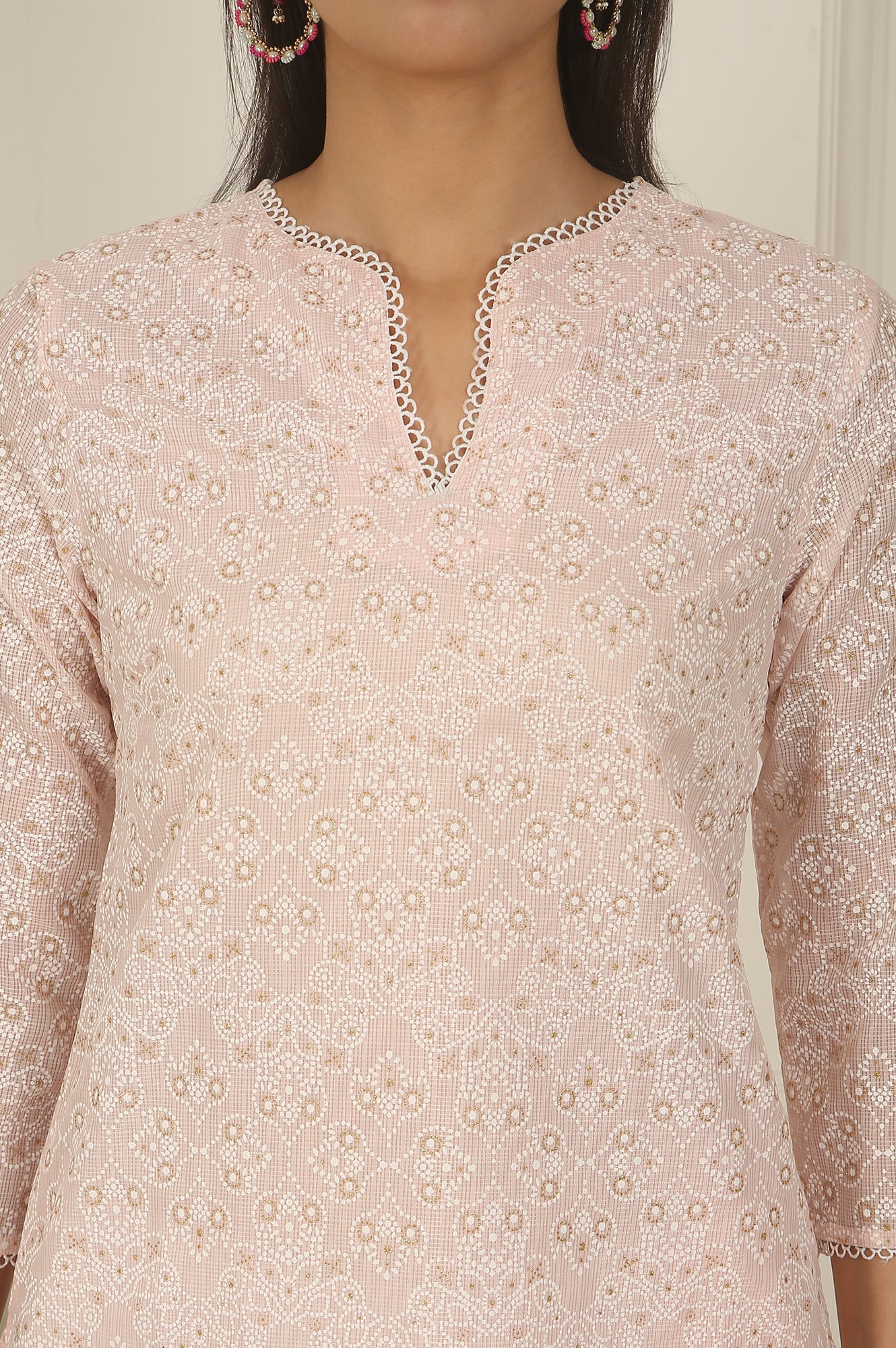 Pastel Pink Khadi Printed Kota Straight Kurta - Image 4