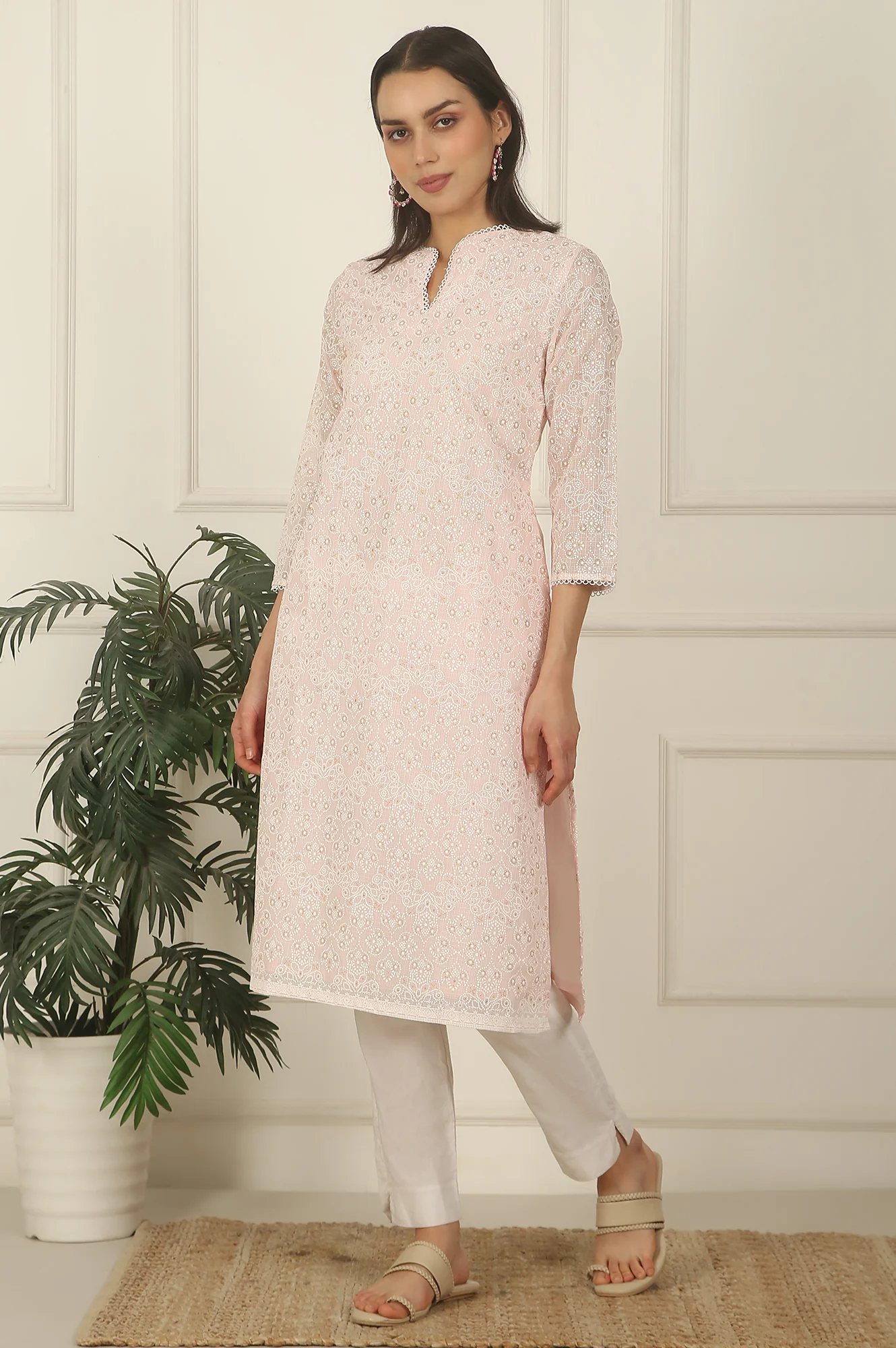Pastel Pink Khadi Printed Kota Straight Kurta - Image 5
