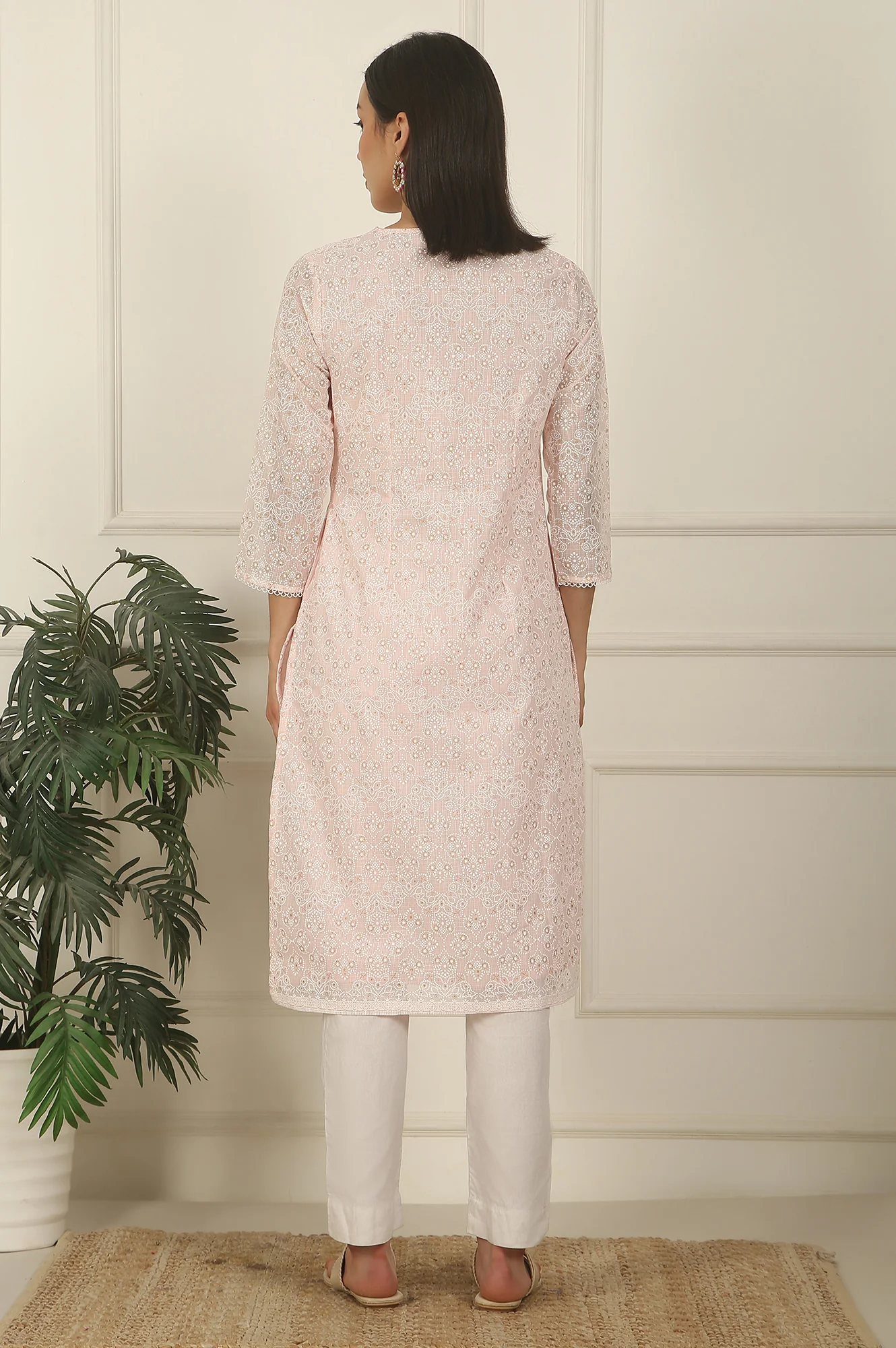 Pastel Pink Khadi Printed Kota Straight Kurta - Image 6