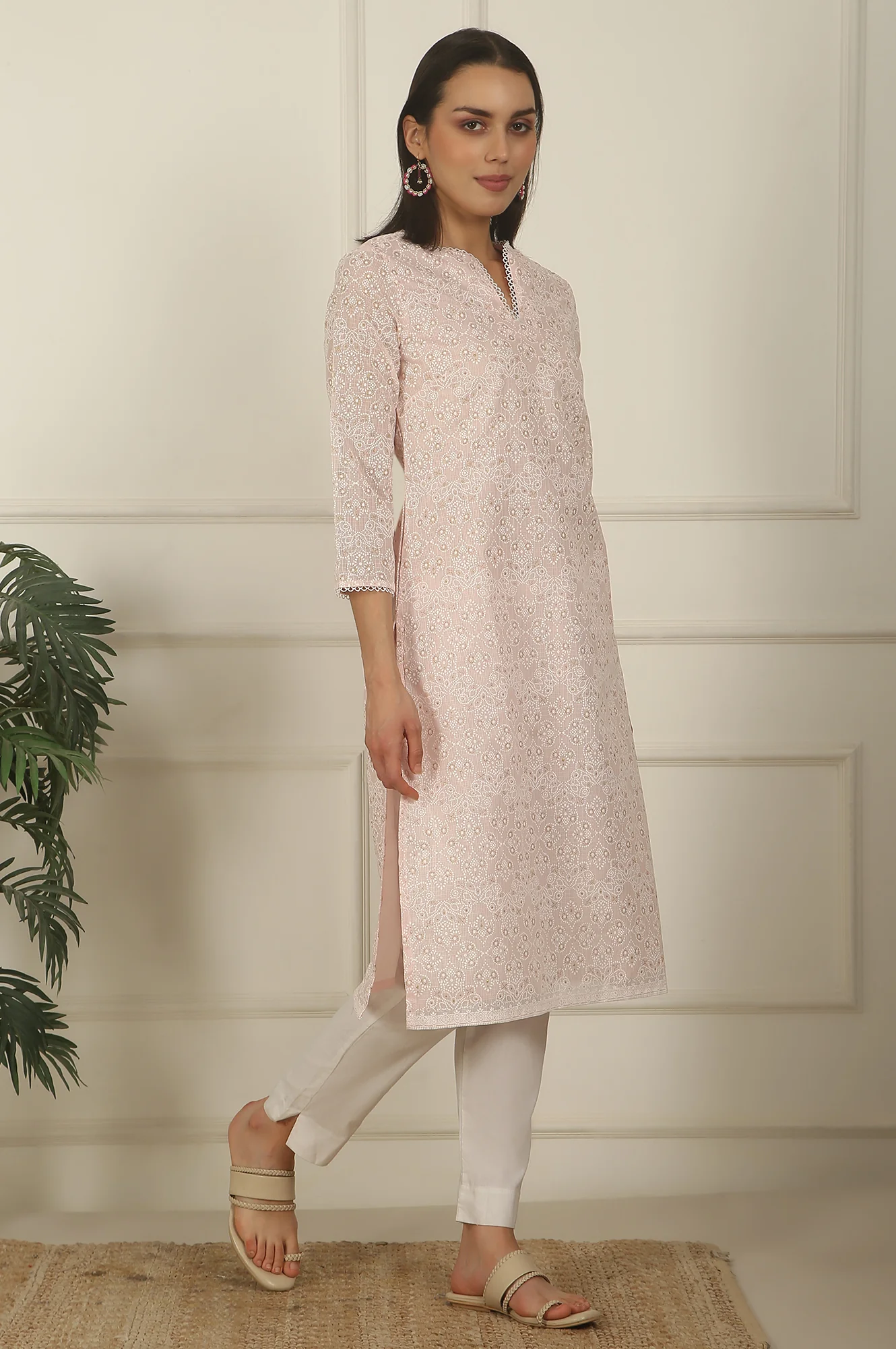 Pastel Pink Khadi Printed Kota Straight Kurta - Image 7