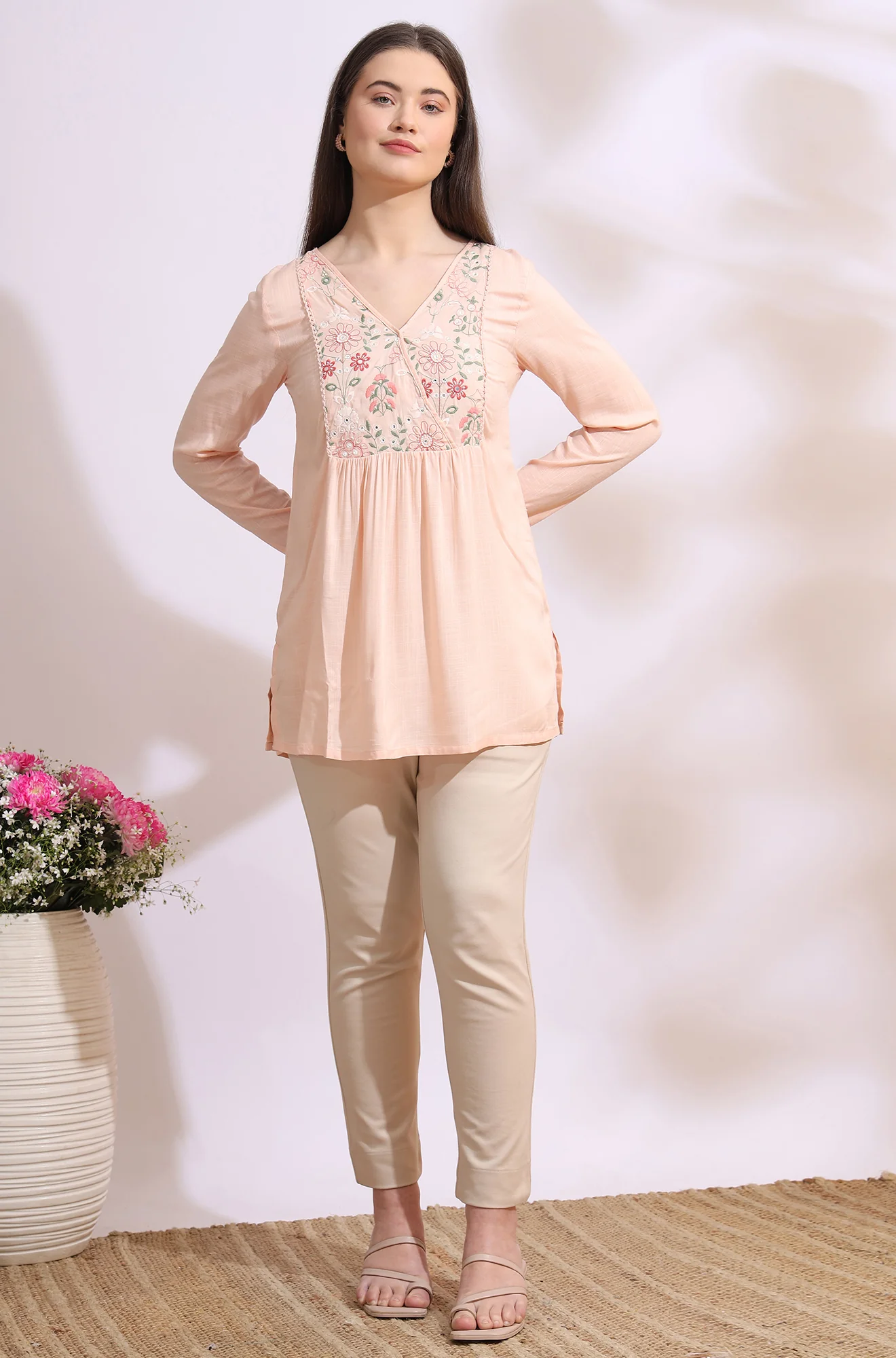 Pastel Pink Thread Embroidered Swiss Dot Ethnic Top - Image 2