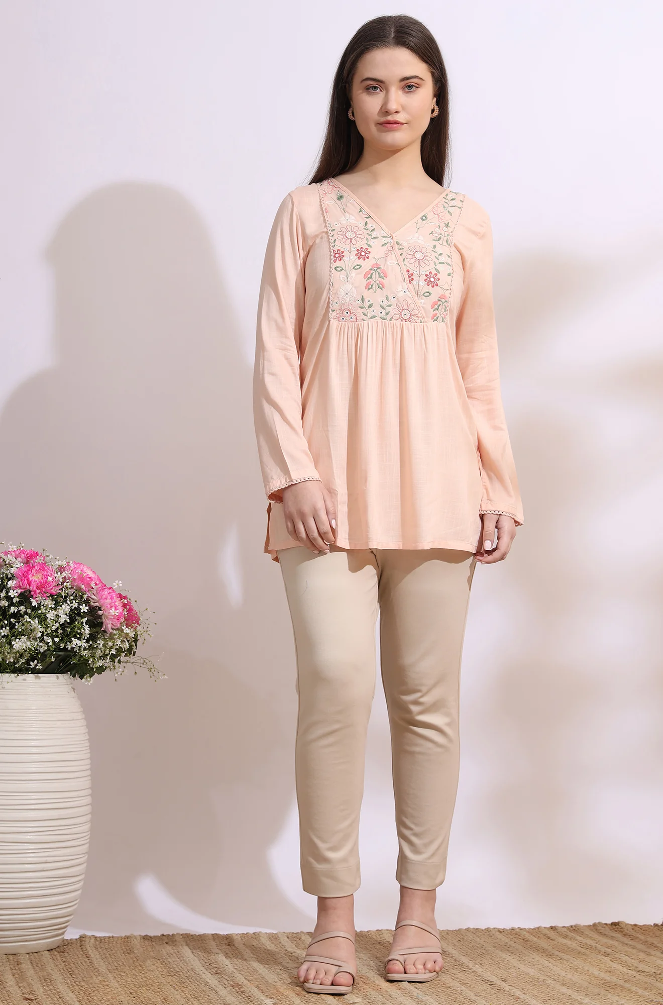 Pastel Pink Thread Embroidered Swiss Dot Ethnic Top - Image 3