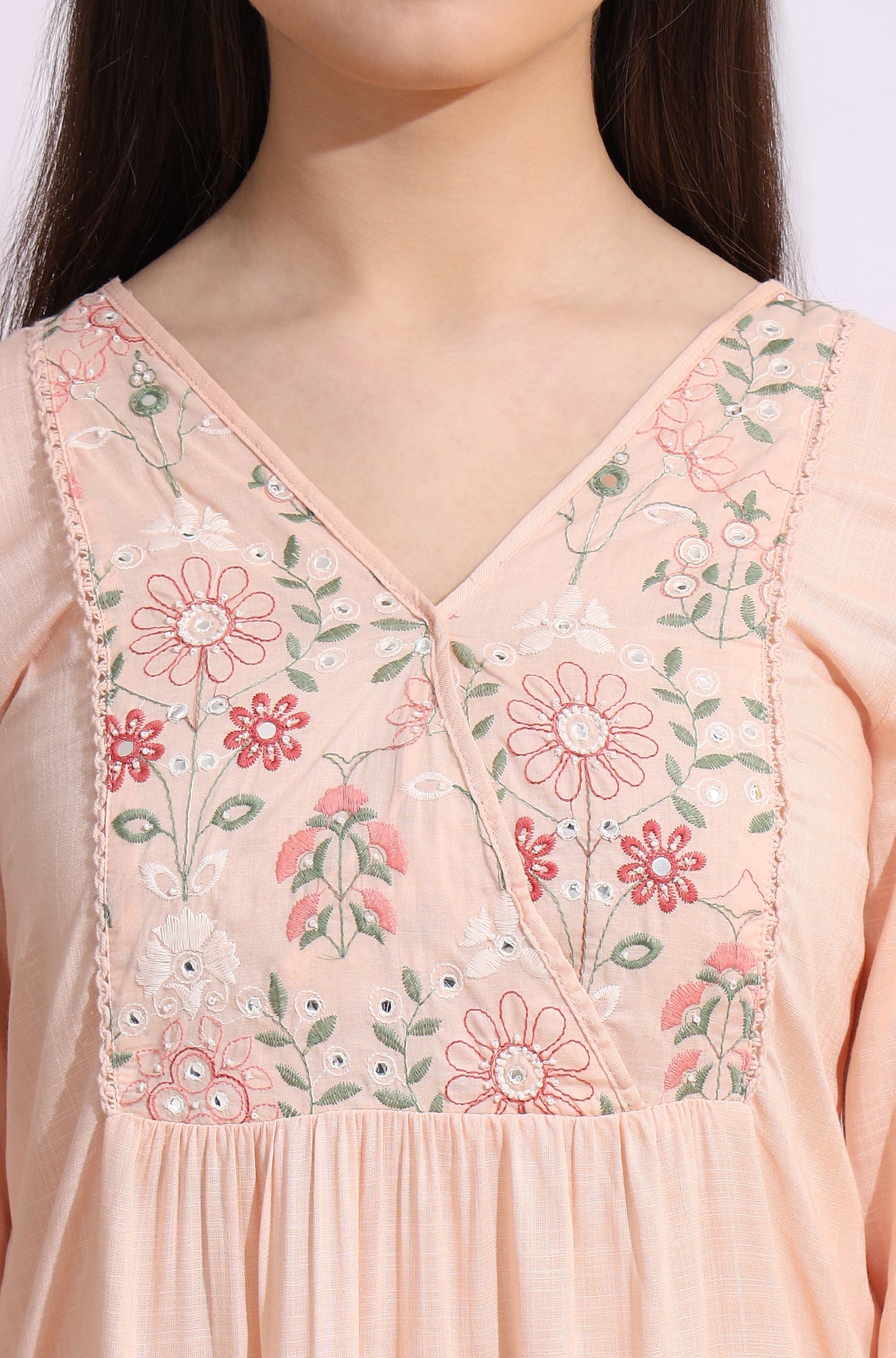 Pastel Pink Thread Embroidered Swiss Dot Ethnic Top - Image 4