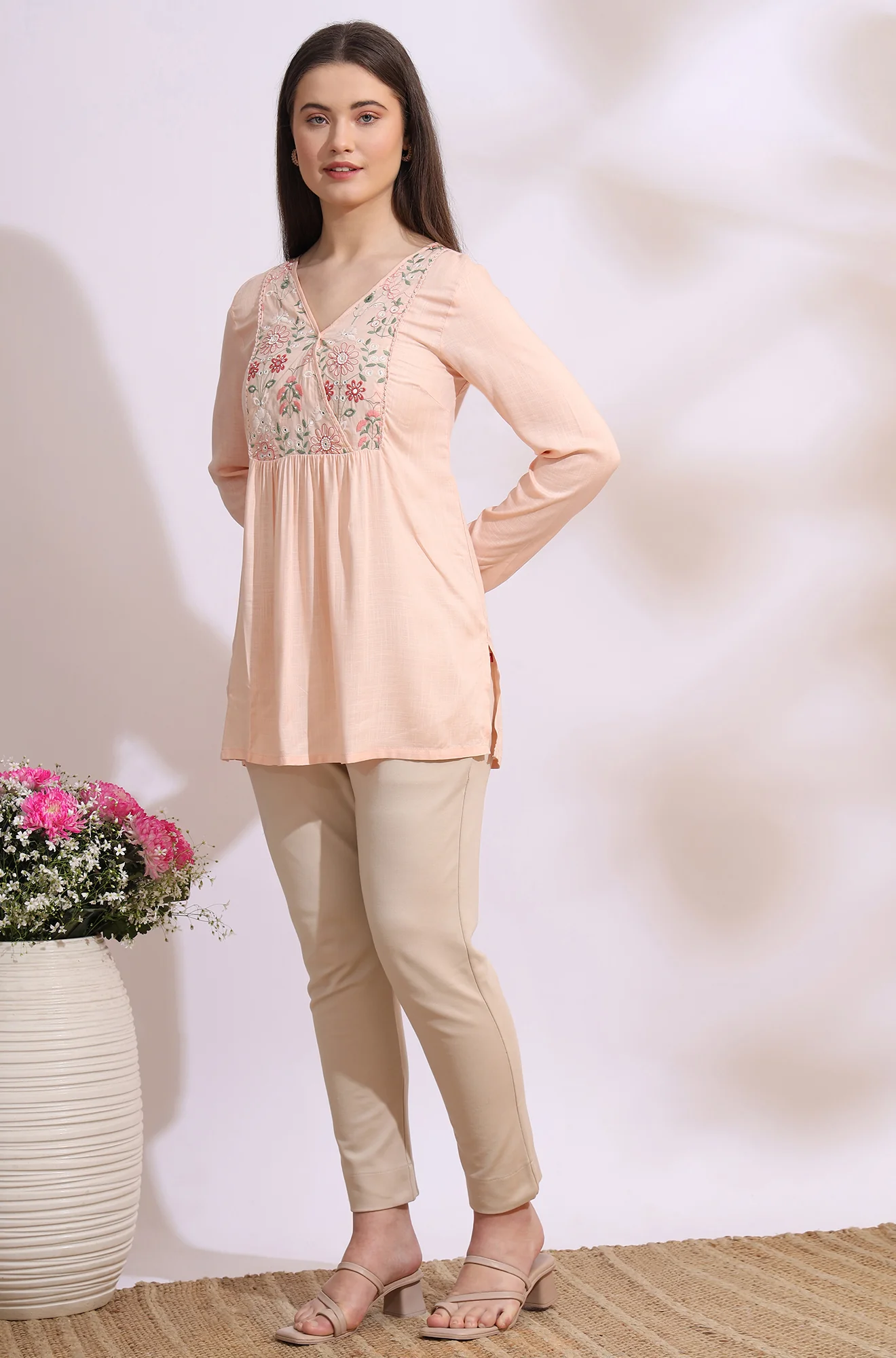 Pastel Pink Thread Embroidered Swiss Dot Ethnic Top - Image 5