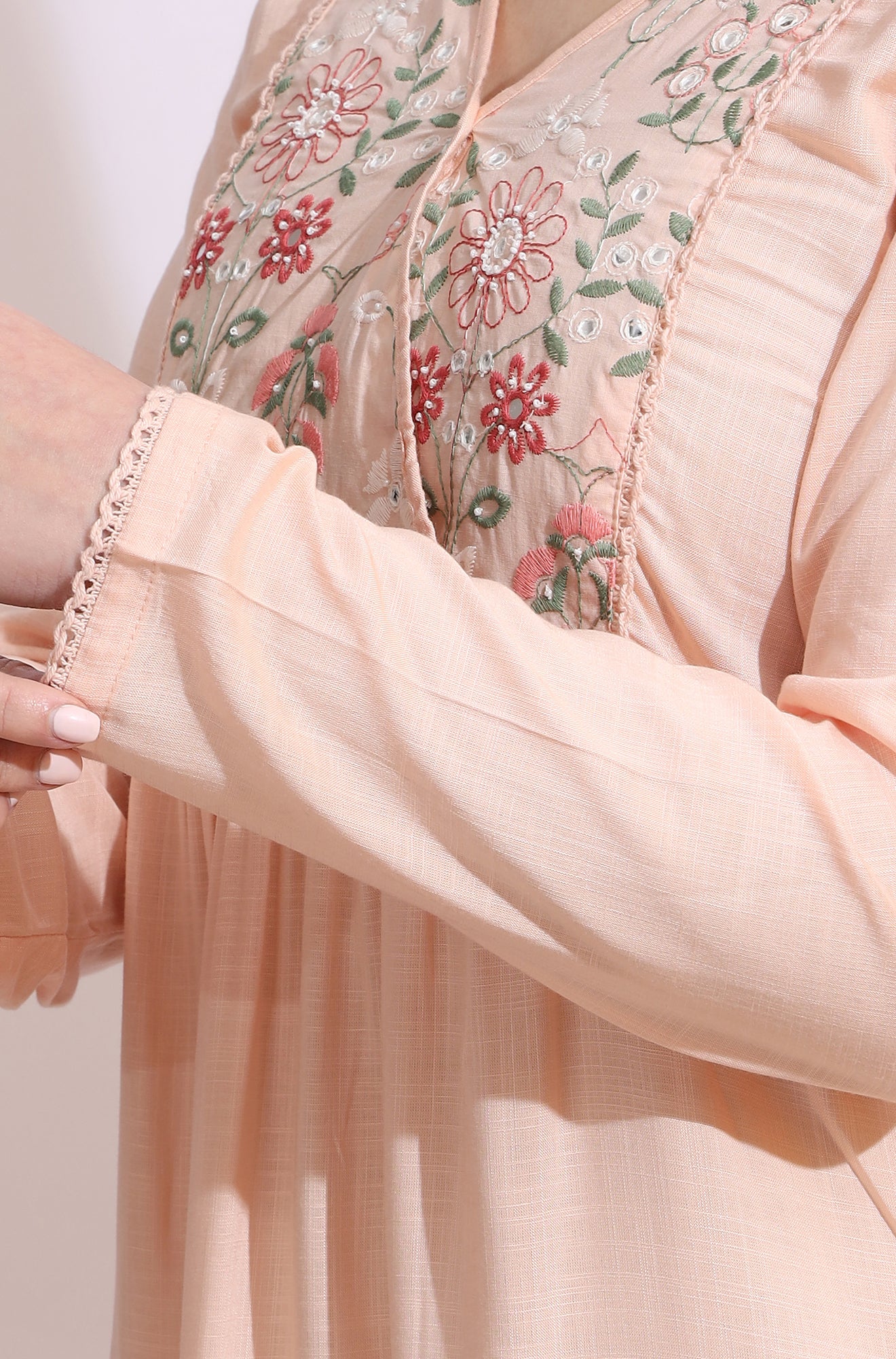 Pastel Pink Thread Embroidered Swiss Dot Ethnic Top - Image 8