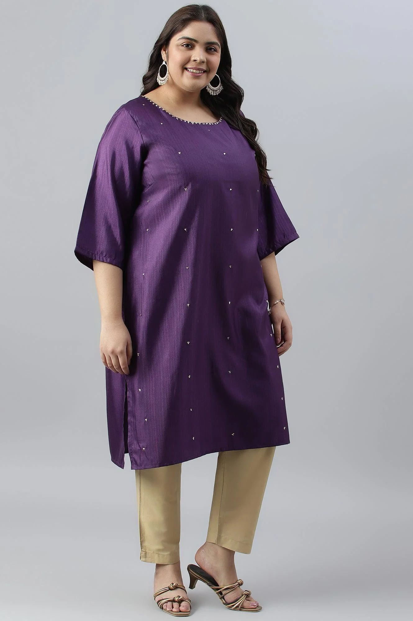 Pdeep Purple Karnatka Silk Plus Size kurta With Green Slim Pants And Mukaish Dupatta - Image 3