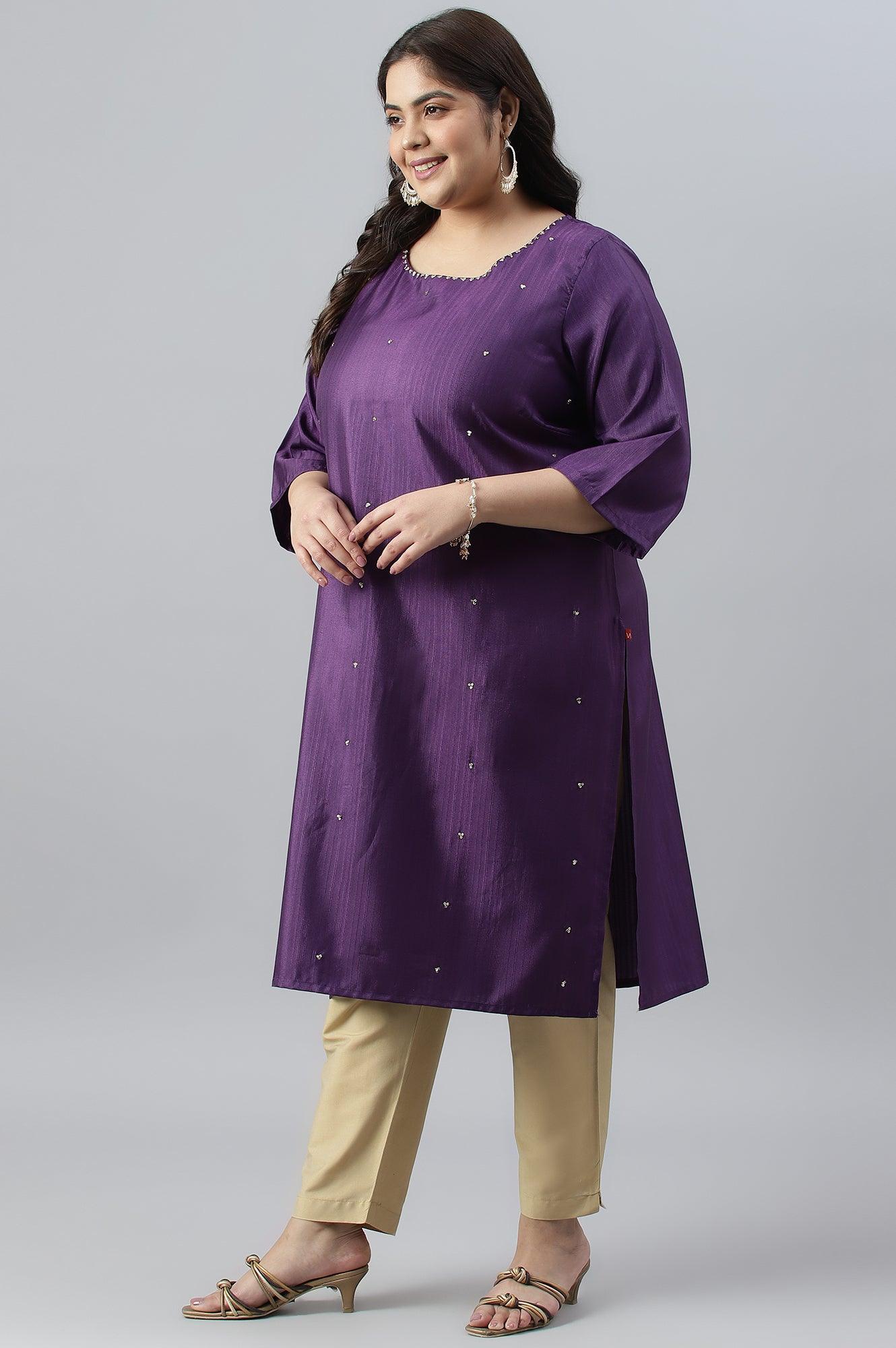 Pdeep Purple Karnatka Silk Plus Size kurta With Green Slim Pants And Mukaish Dupatta - Image 4