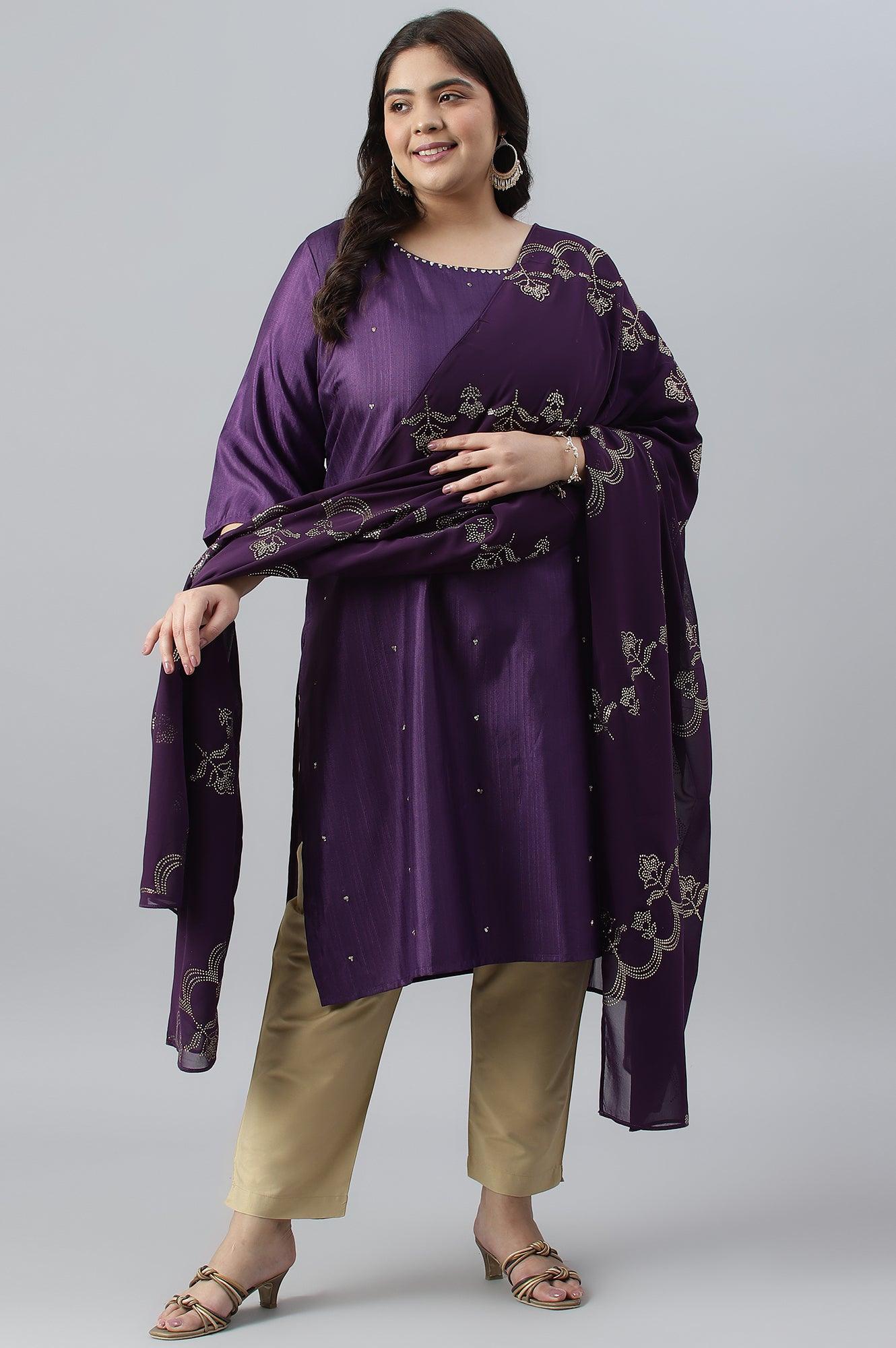 Pdeep Purple Karnatka Silk Plus Size kurta With Green Slim Pants And Mukaish Dupatta - Image 6
