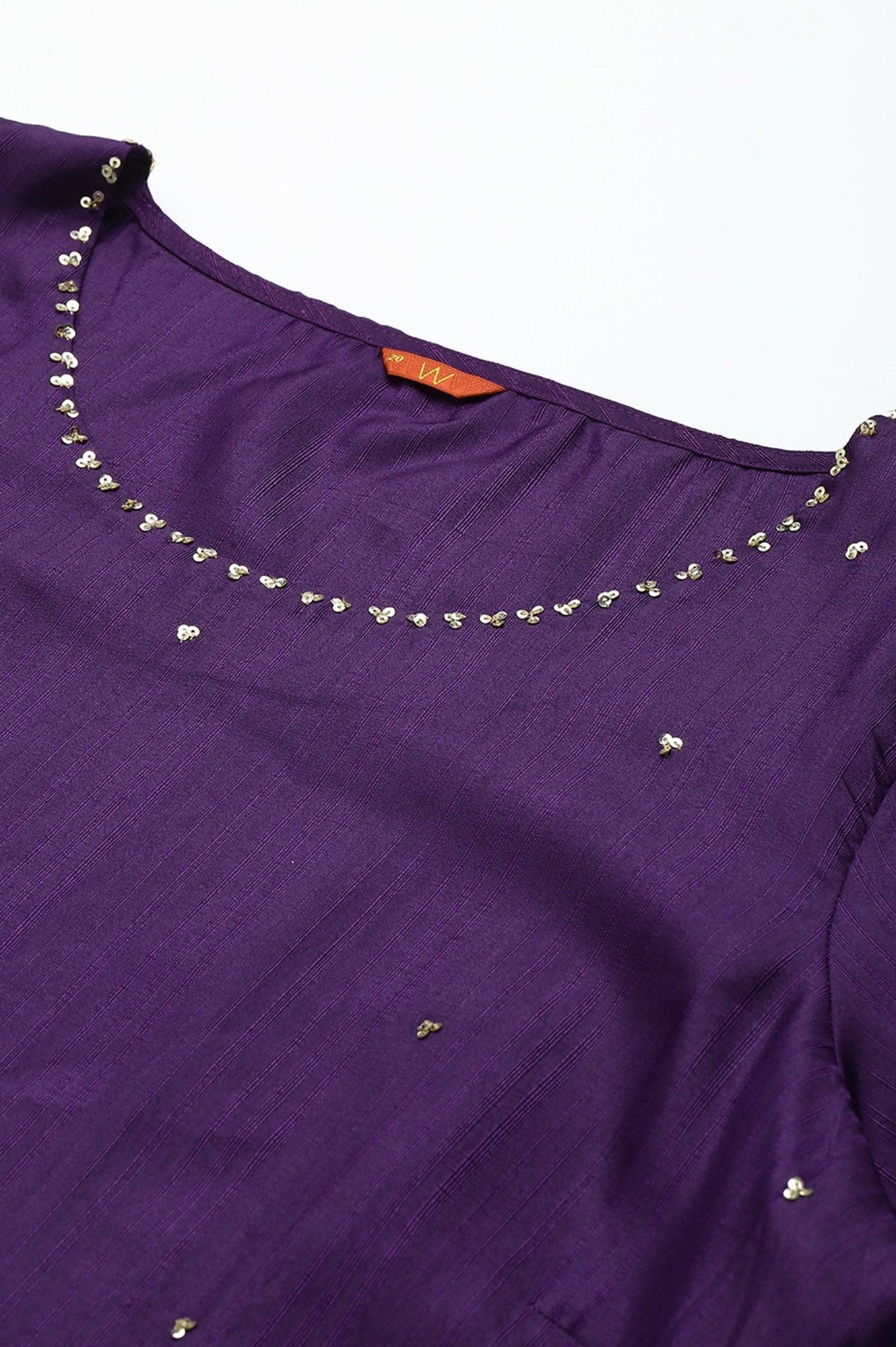 Pdeep Purple Karnatka Silk Plus Size kurta With Green Slim Pants And Mukaish Dupatta - Image 7