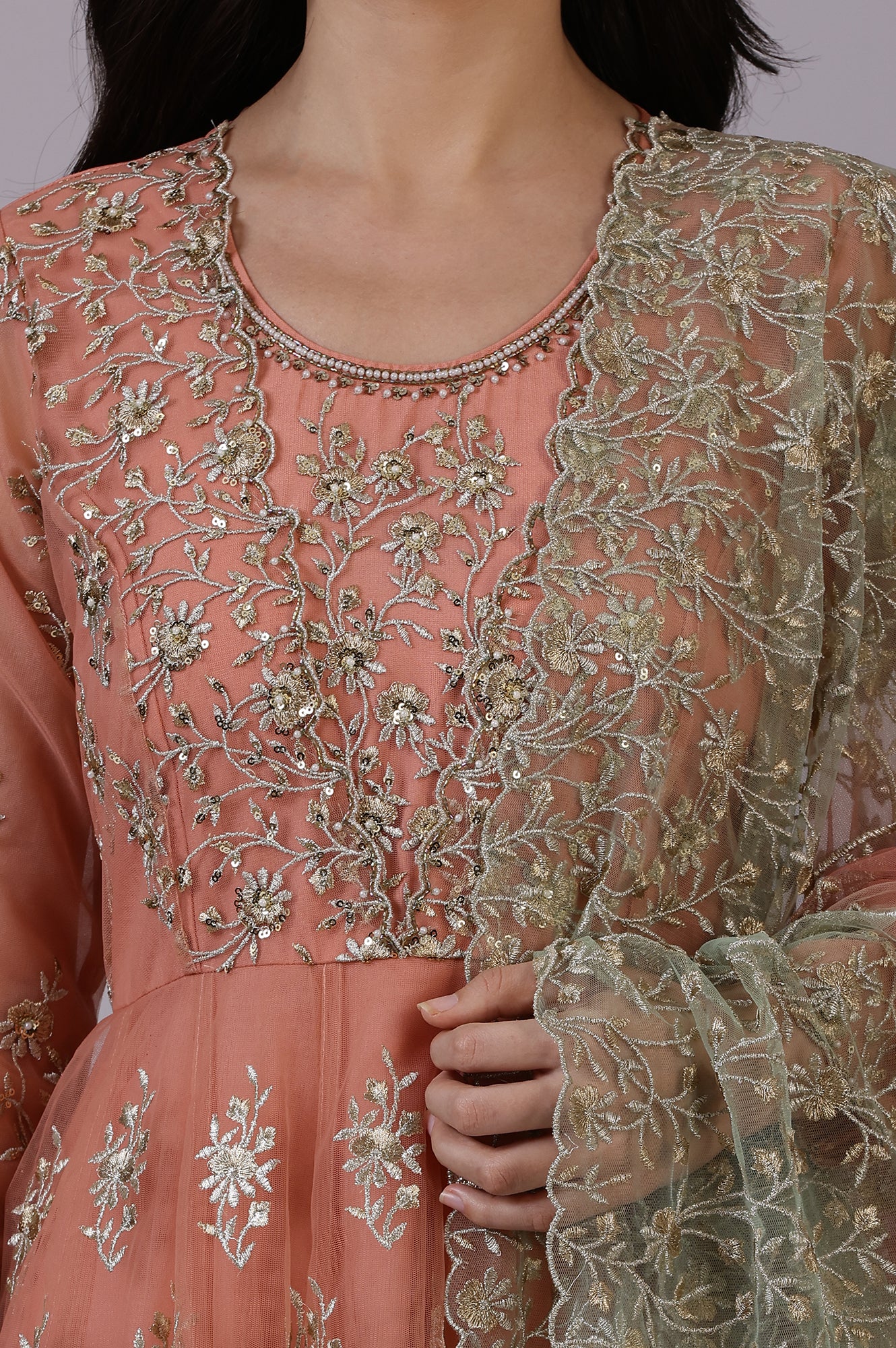 Peach and Green Ombre Heavy Metallic Embroidered Layered Dress and Dupatta Set - Image 3