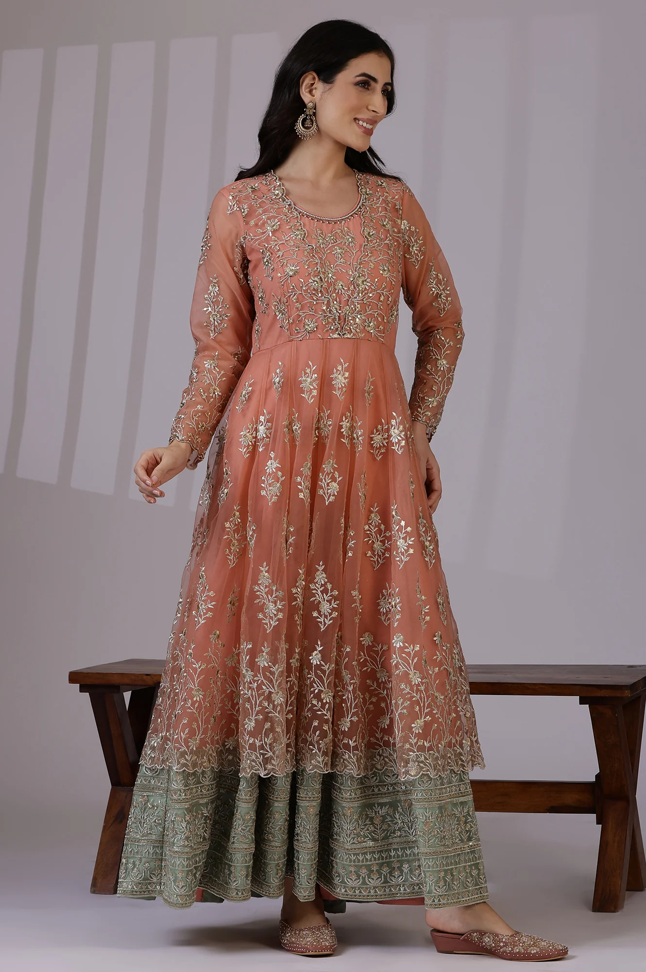 Peach and Green Ombre Heavy Metallic Embroidered Layered Dress and Dupatta Set - Image 4