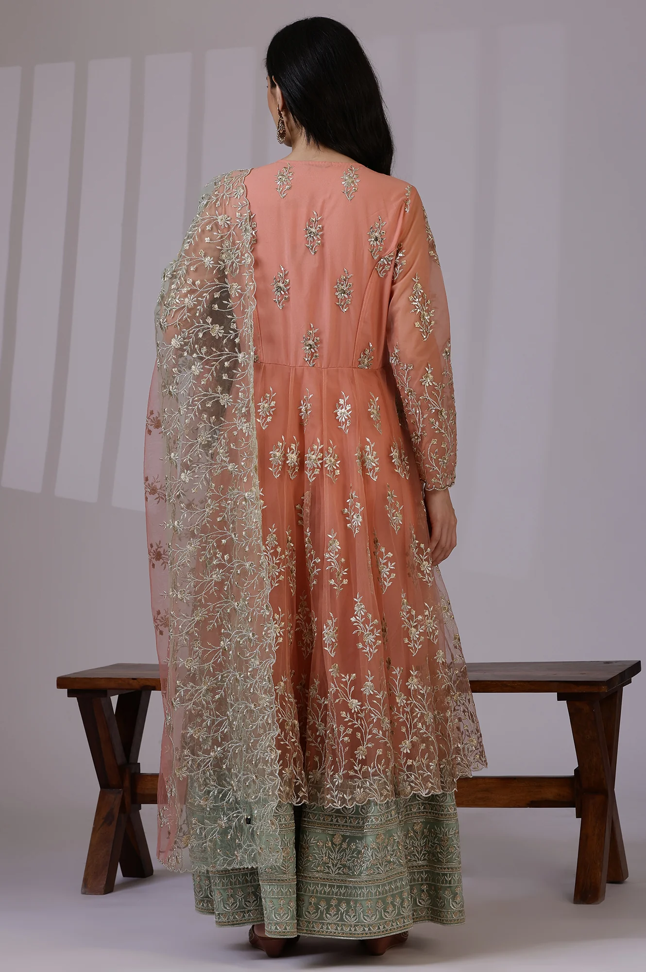 Peach and Green Ombre Heavy Metallic Embroidered Layered Dress and Dupatta Set - Image 5