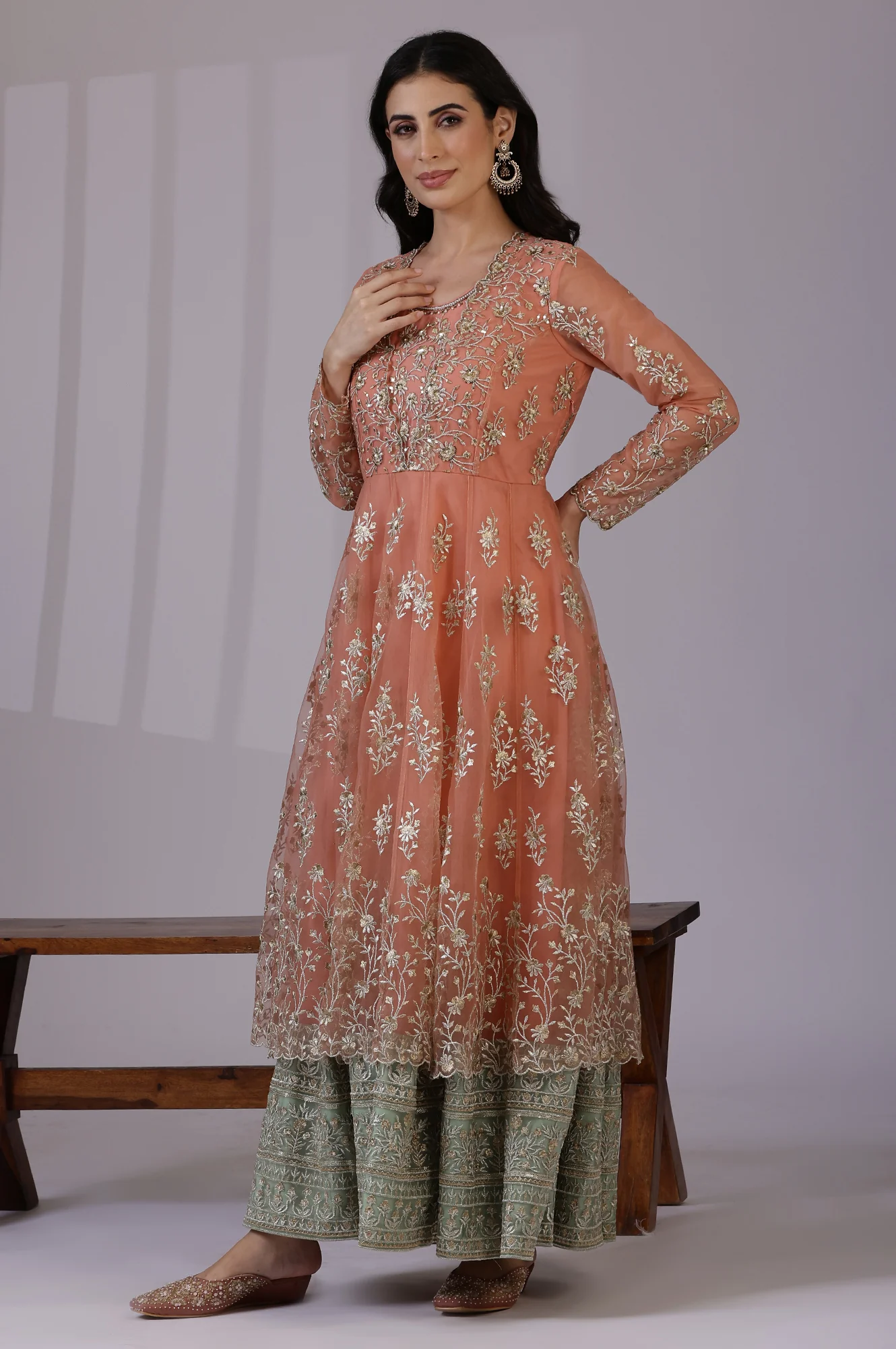 Peach and Green Ombre Heavy Metallic Embroidered Layered Dress and Dupatta Set - Image 6