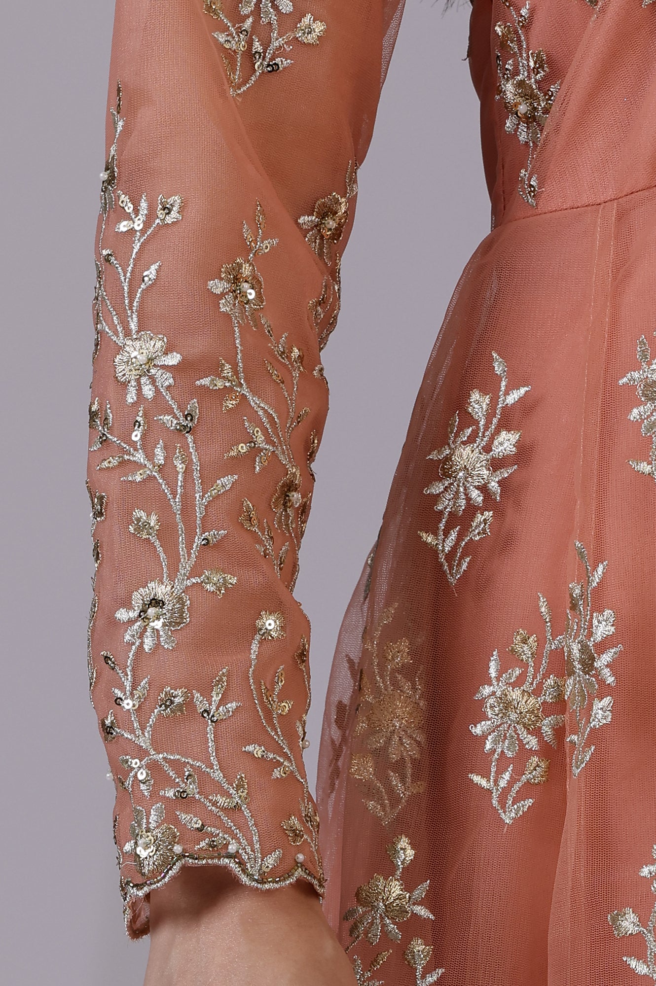 Peach and Green Ombre Heavy Metallic Embroidered Layered Dress and Dupatta Set - Image 7