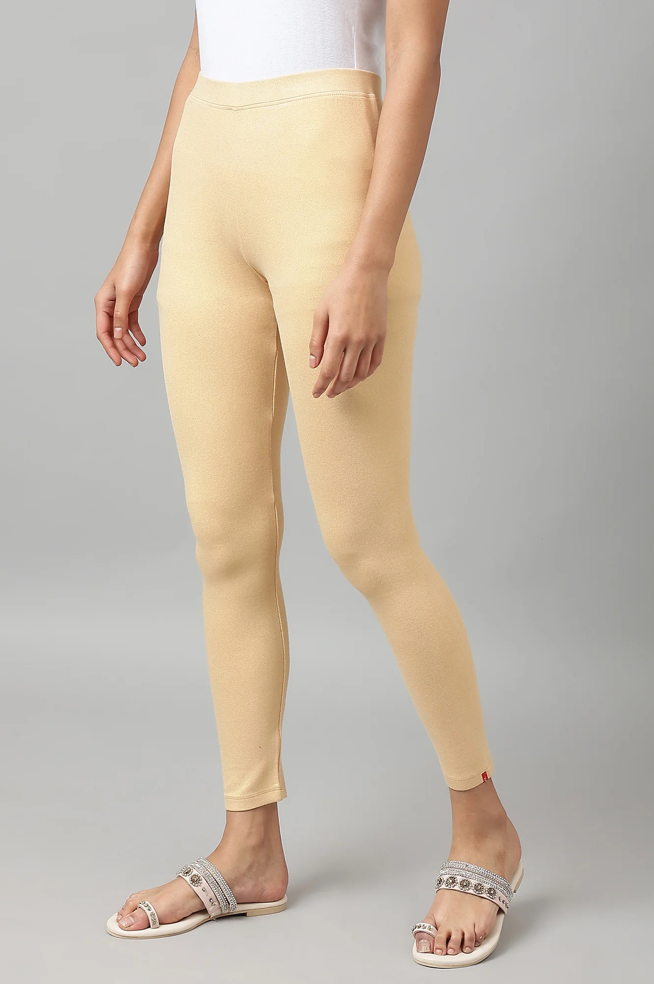 Pale Gold Solid Jersey Tights in Ankle Length - Image 2