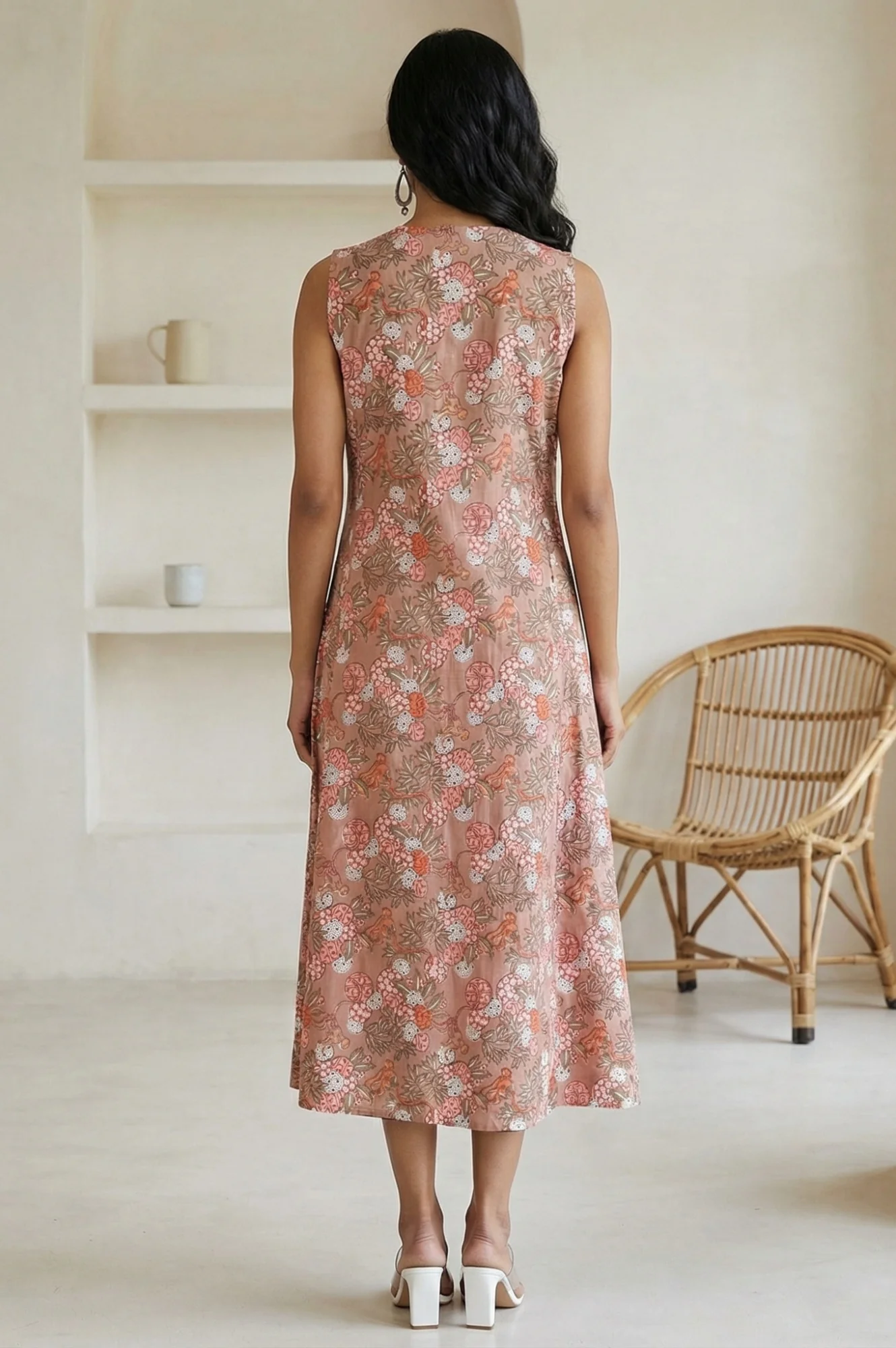 Peach Block Printed Pure Cotton A-line Dress - Image 5