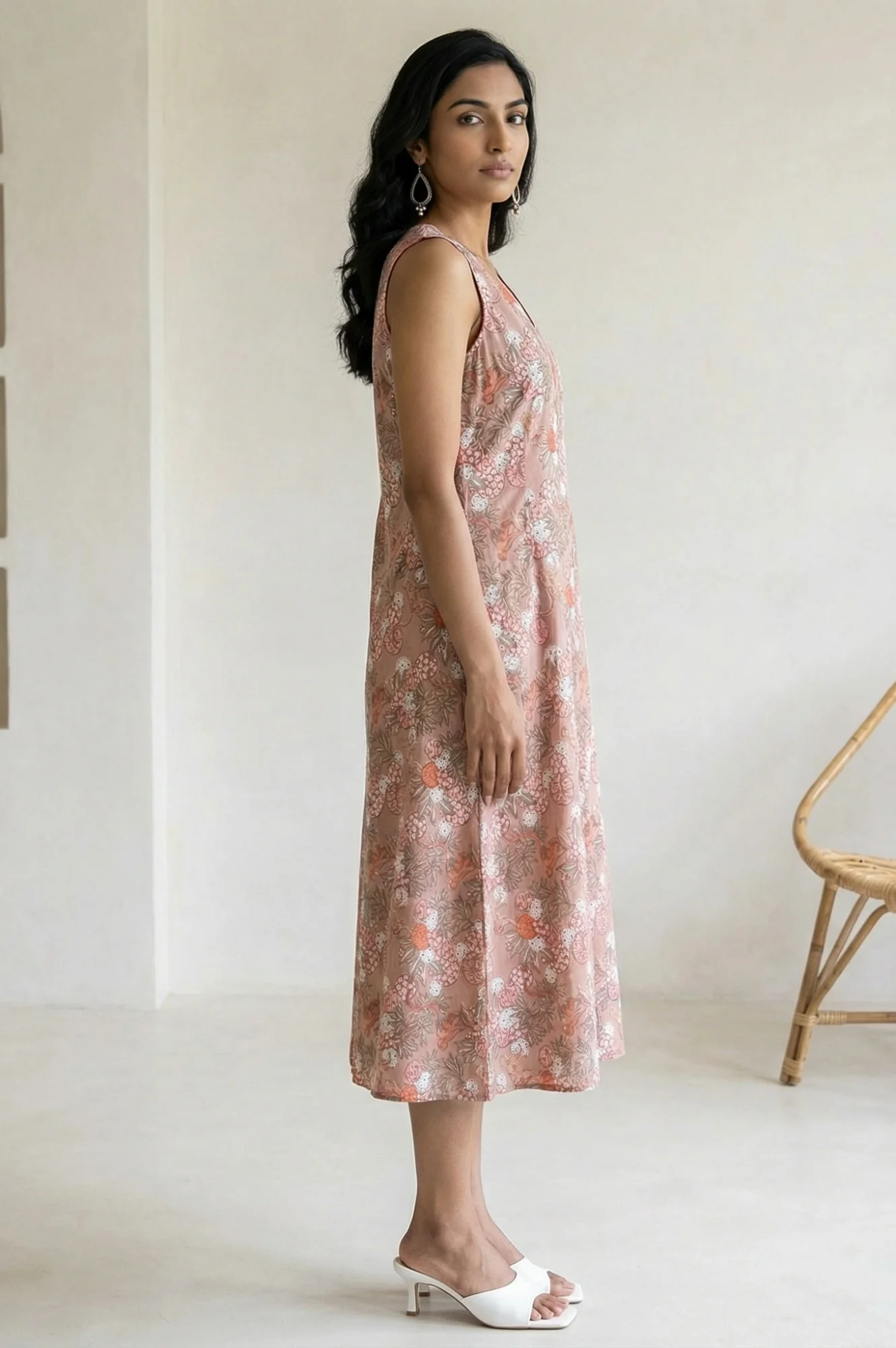 Peach Block Printed Pure Cotton A-line Dress - Image 6