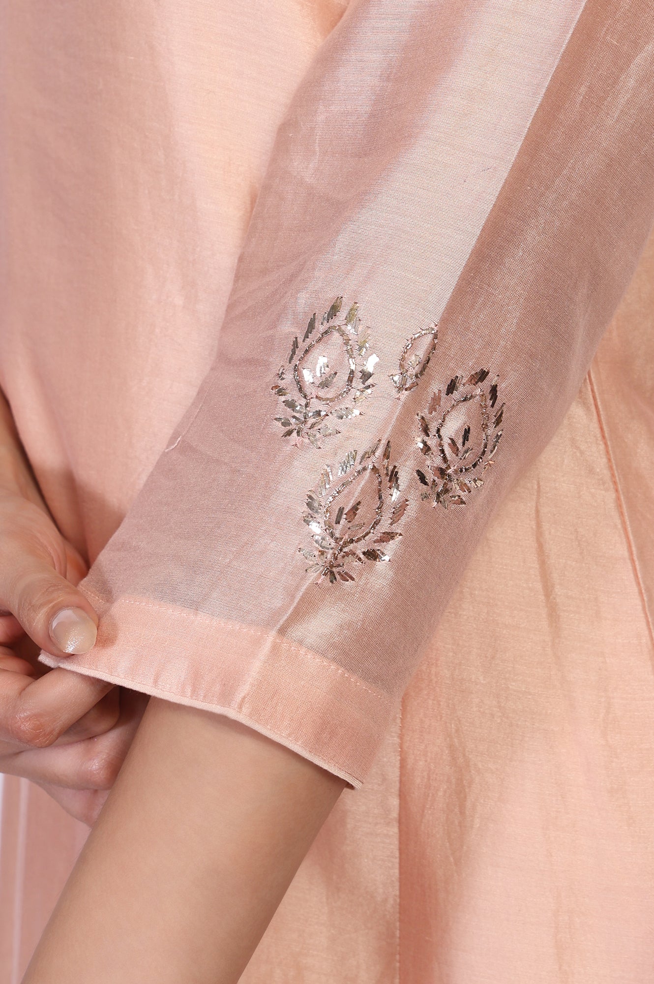 Peach Embroidered A-Line Cotton Kurta - Image 7