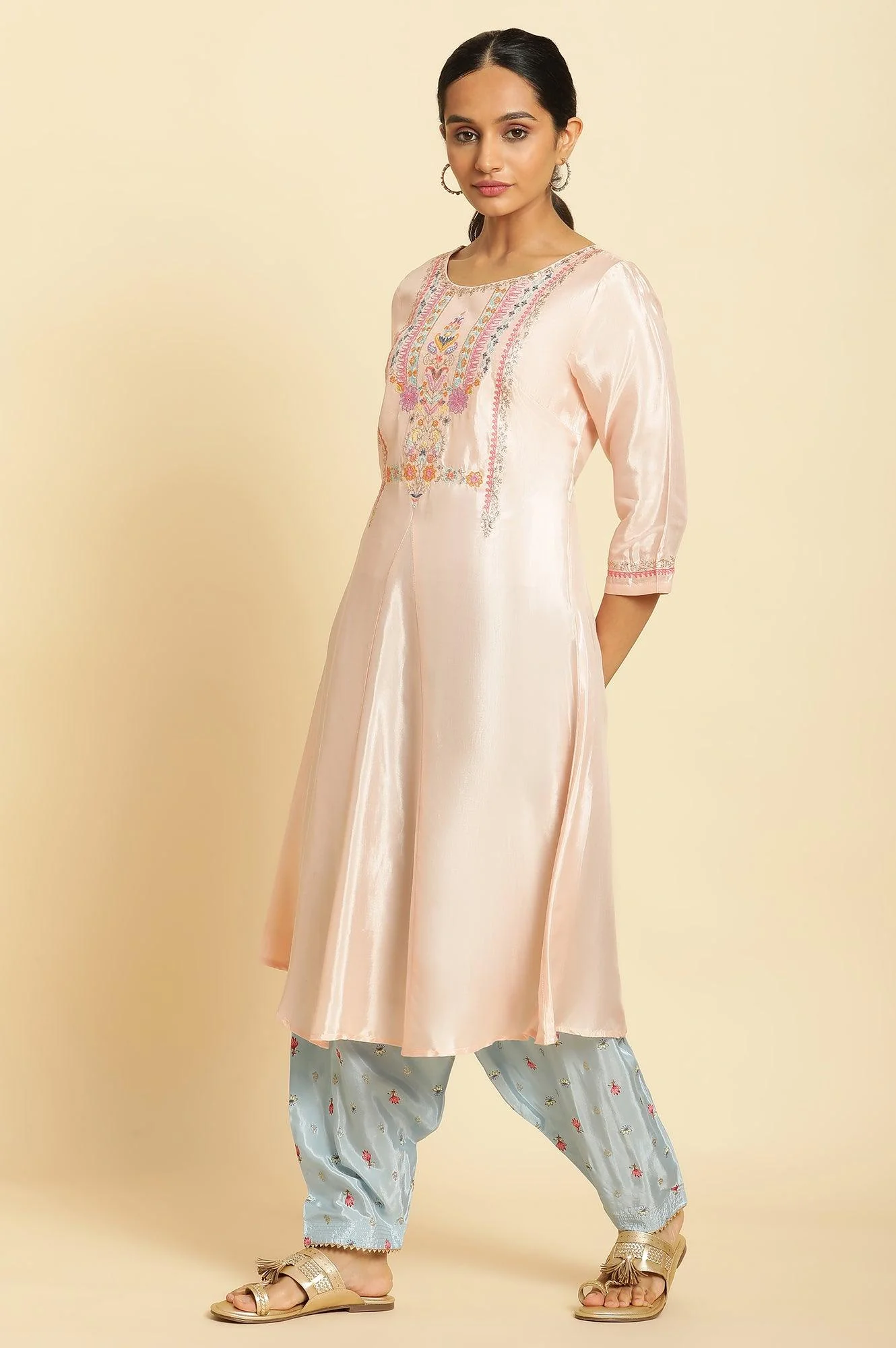 Peach Embroidered Flared Kurta - Image 2