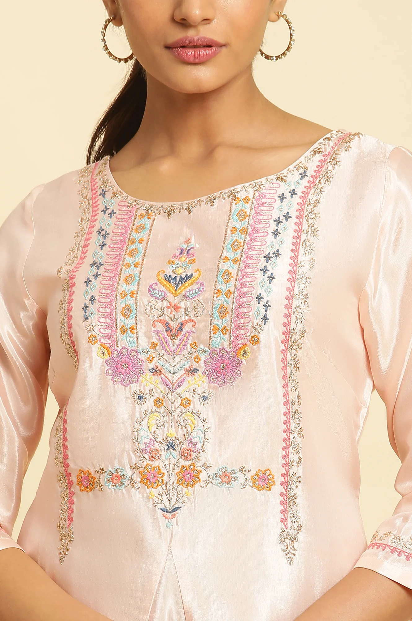 Peach Embroidered Flared Kurta - Image 6