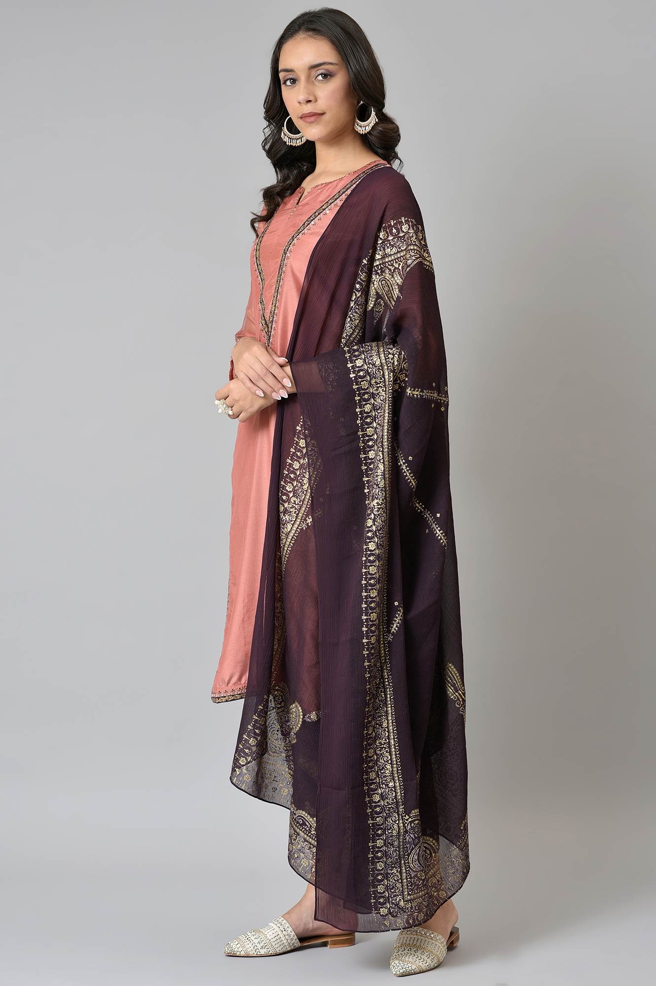 Peach Embroidered kurta With Purple Parallel Pants And Dupatta - Image 3