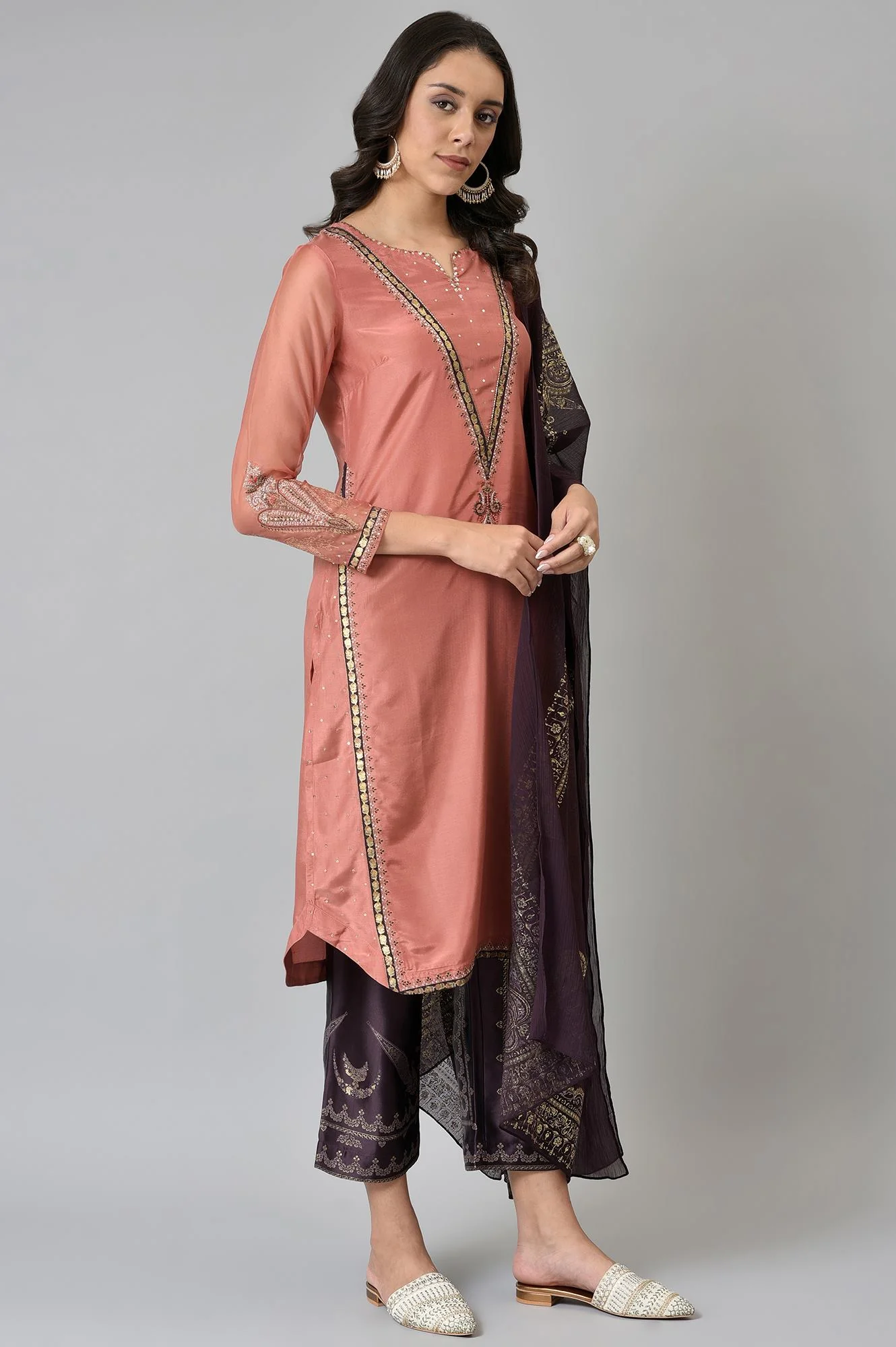 Peach Embroidered kurta With Purple Parallel Pants And Dupatta - Image 4