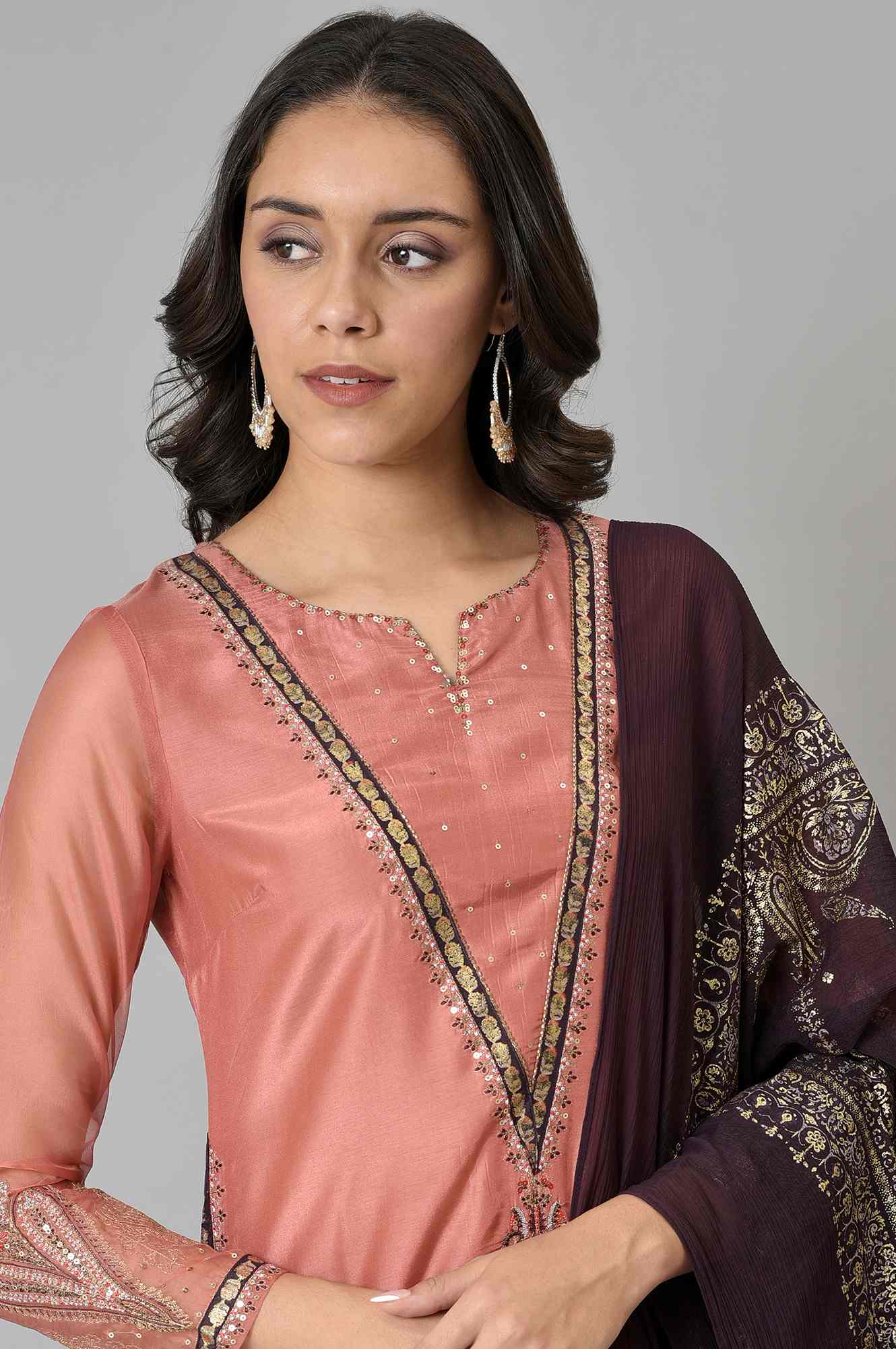Peach Embroidered kurta With Purple Parallel Pants And Dupatta - Image 5
