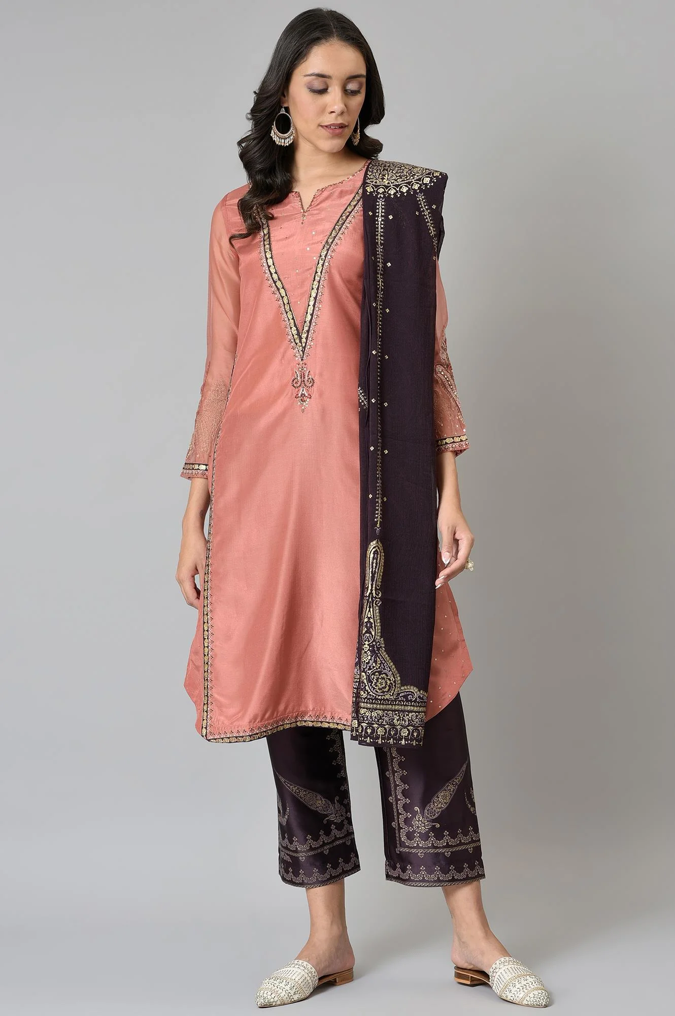 Peach Embroidered kurta With Purple Parallel Pants And Dupatta - Image 7