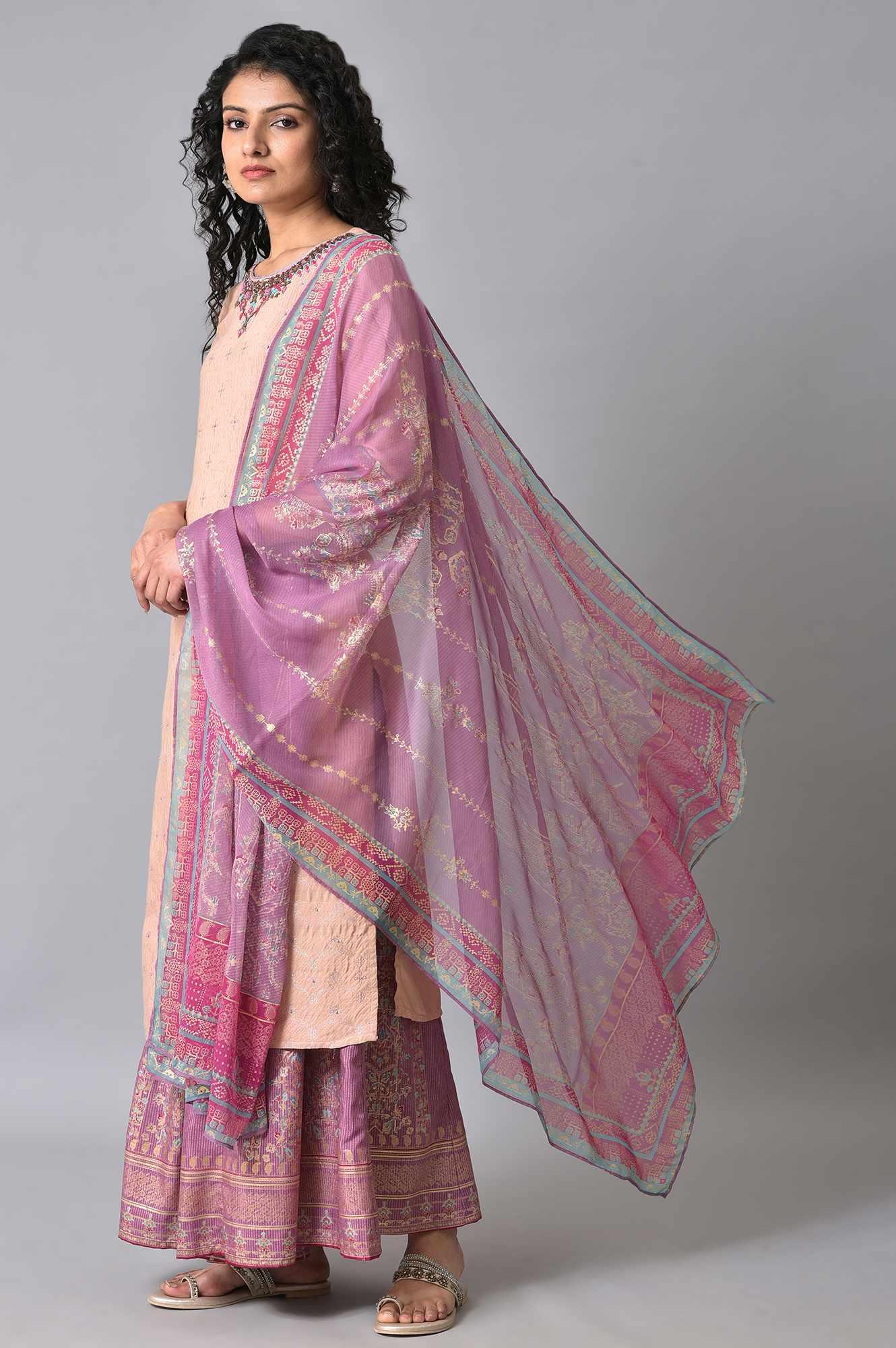 Peach Embroidered kurta With Sharara Set - Image 3