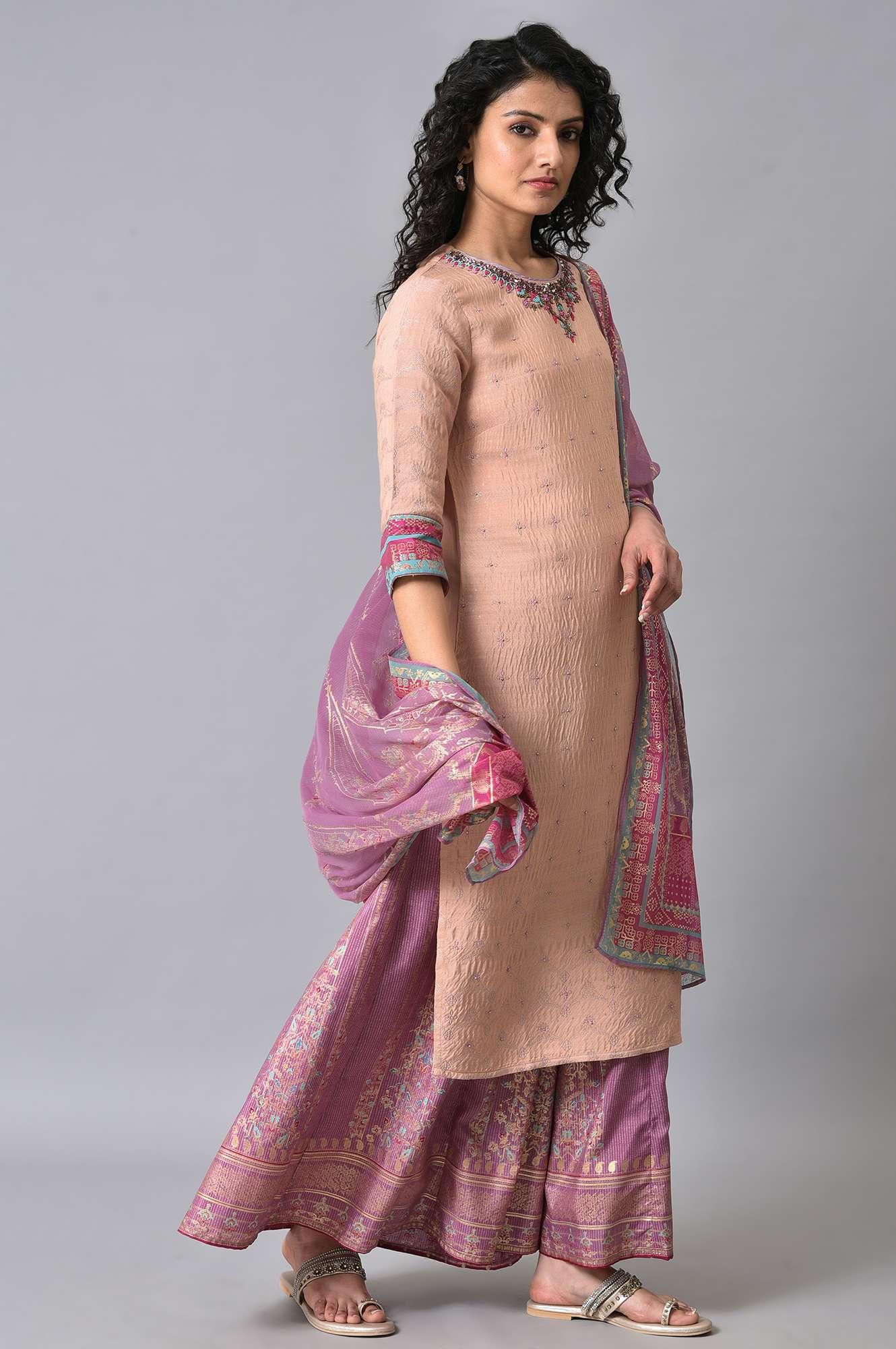 Peach Embroidered kurta With Sharara Set - Image 4
