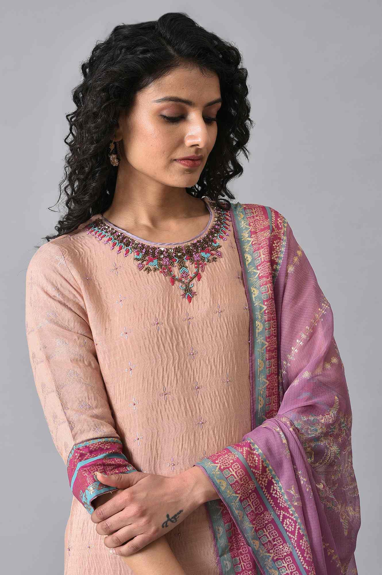 Peach Embroidered kurta With Sharara Set - Image 5